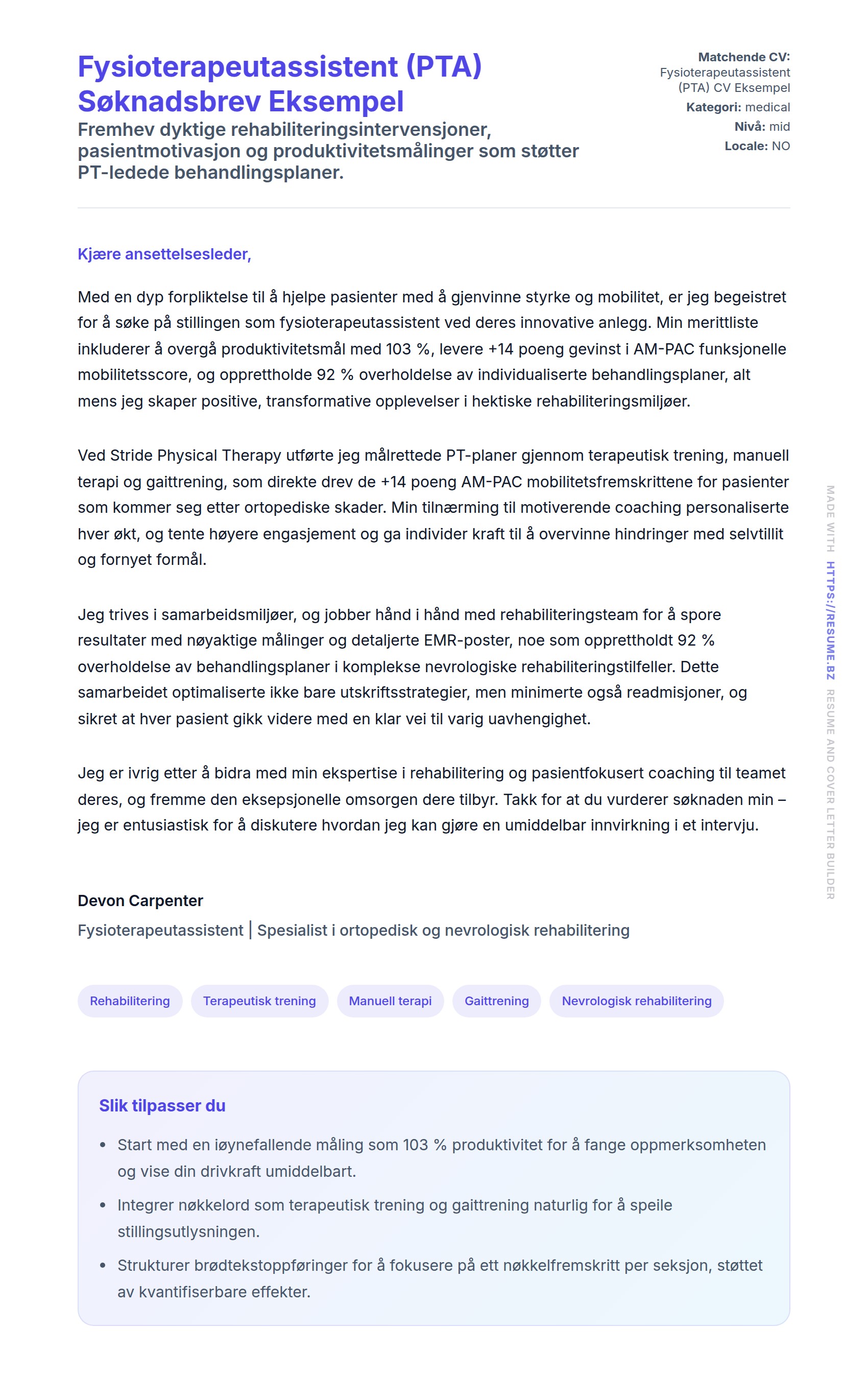 Forhåndsvisning av søknadsbrev for Fysioterapeutassistent (PTA) Søknadsbrev Eksempel