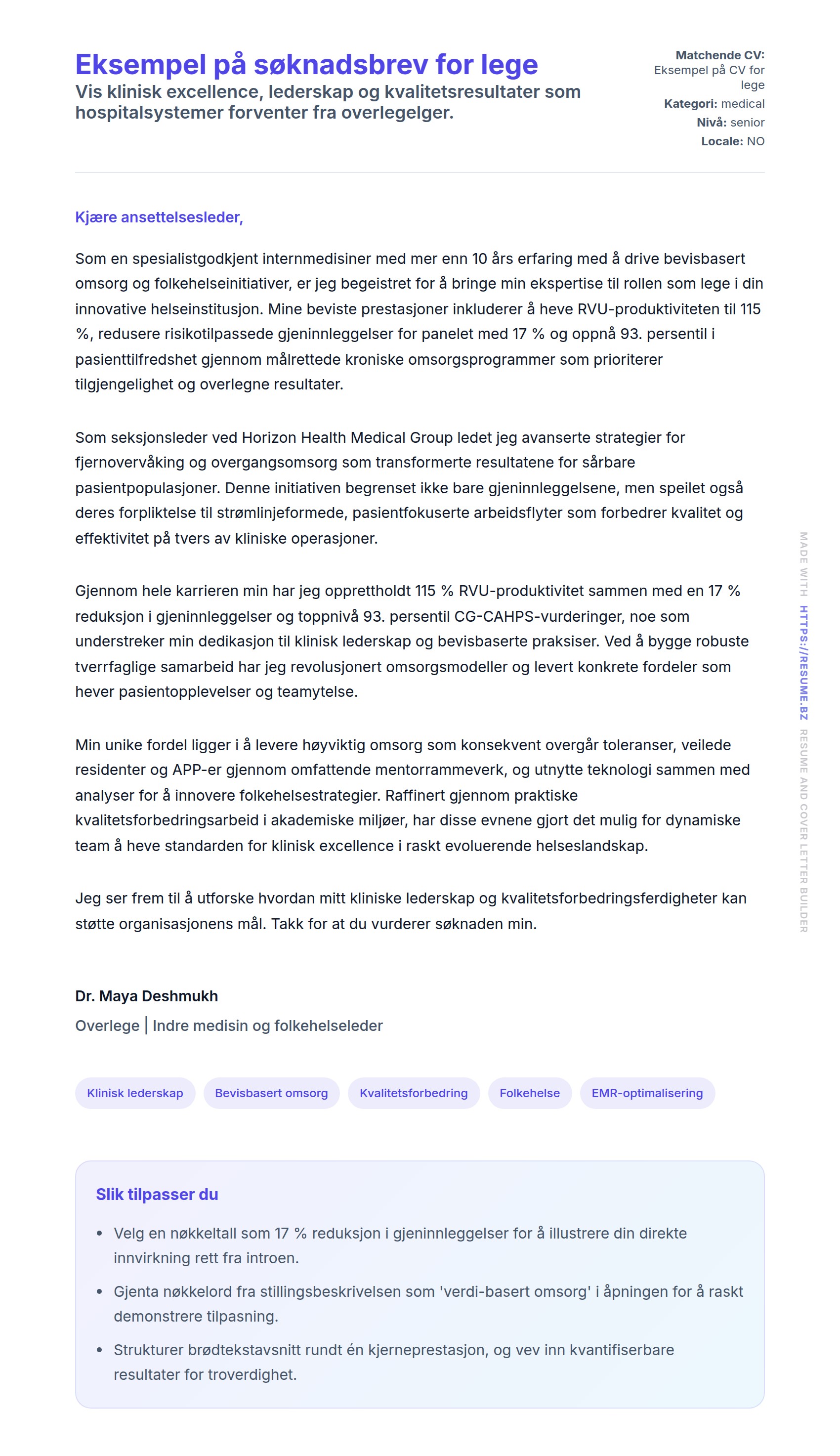 Forhåndsvisning av søknadsbrev for Eksempel på søknadsbrev for lege