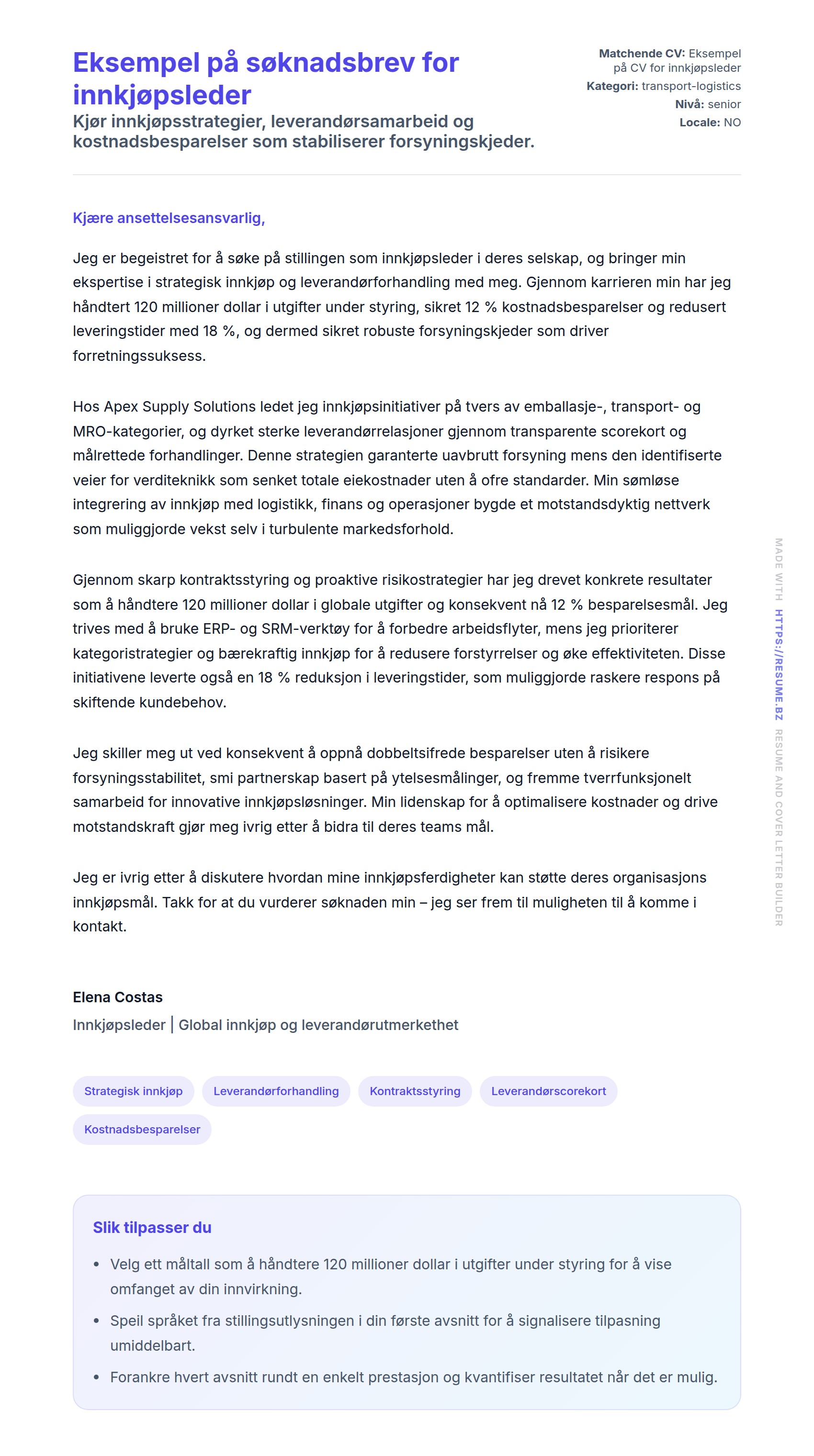 Forhåndsvisning av søknadsbrev for Eksempel på søknadsbrev for innkjøpsleder