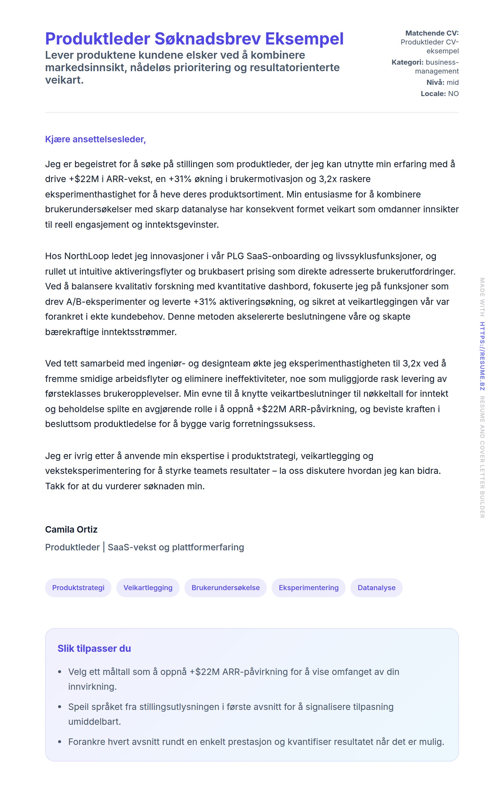Forhåndsvisning av søknadsbrev for Produktleder Søknadsbrev Eksempel