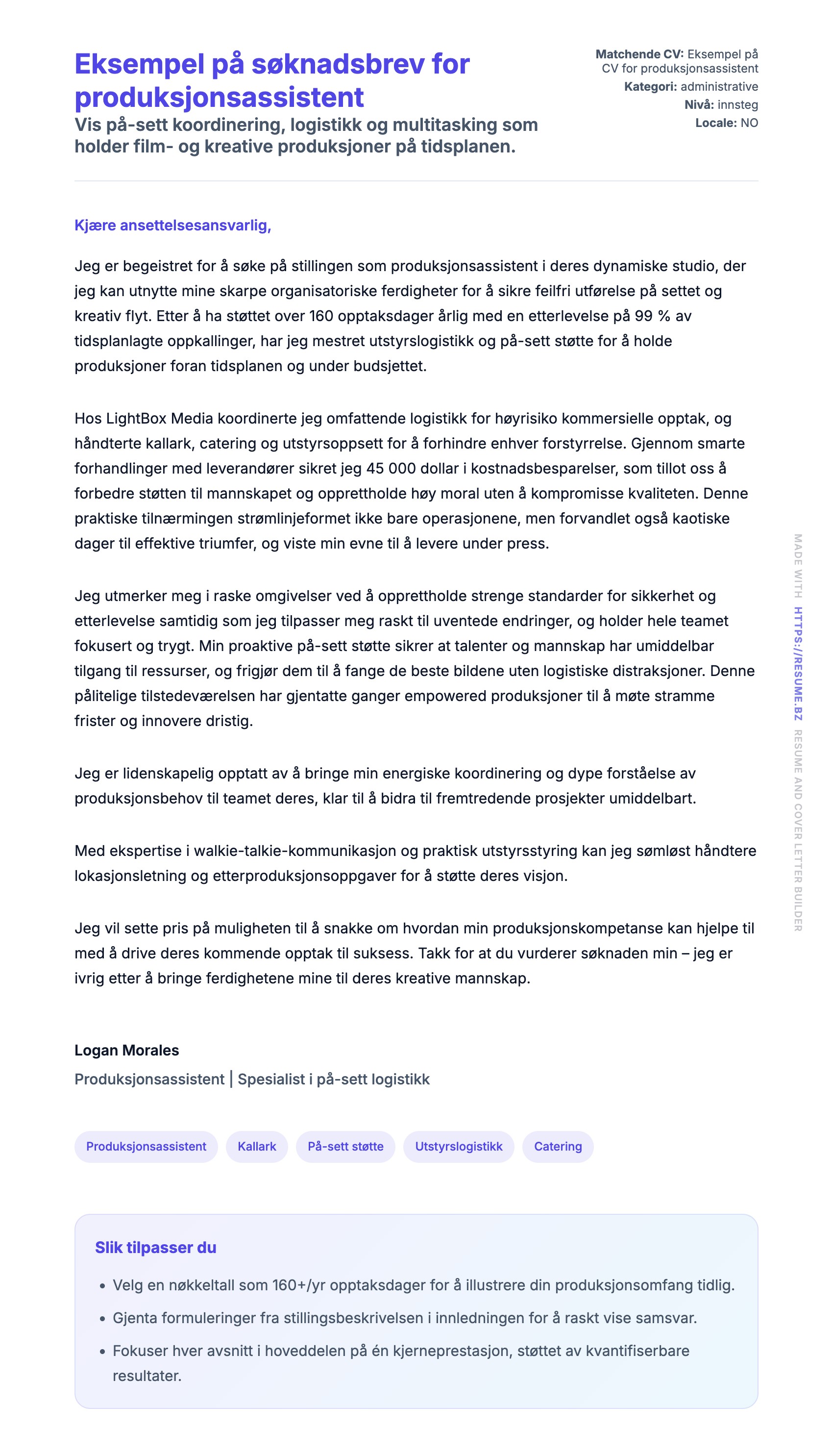 Forhåndsvisning av søknadsbrev for Eksempel på søknadsbrev for produksjonsassistent