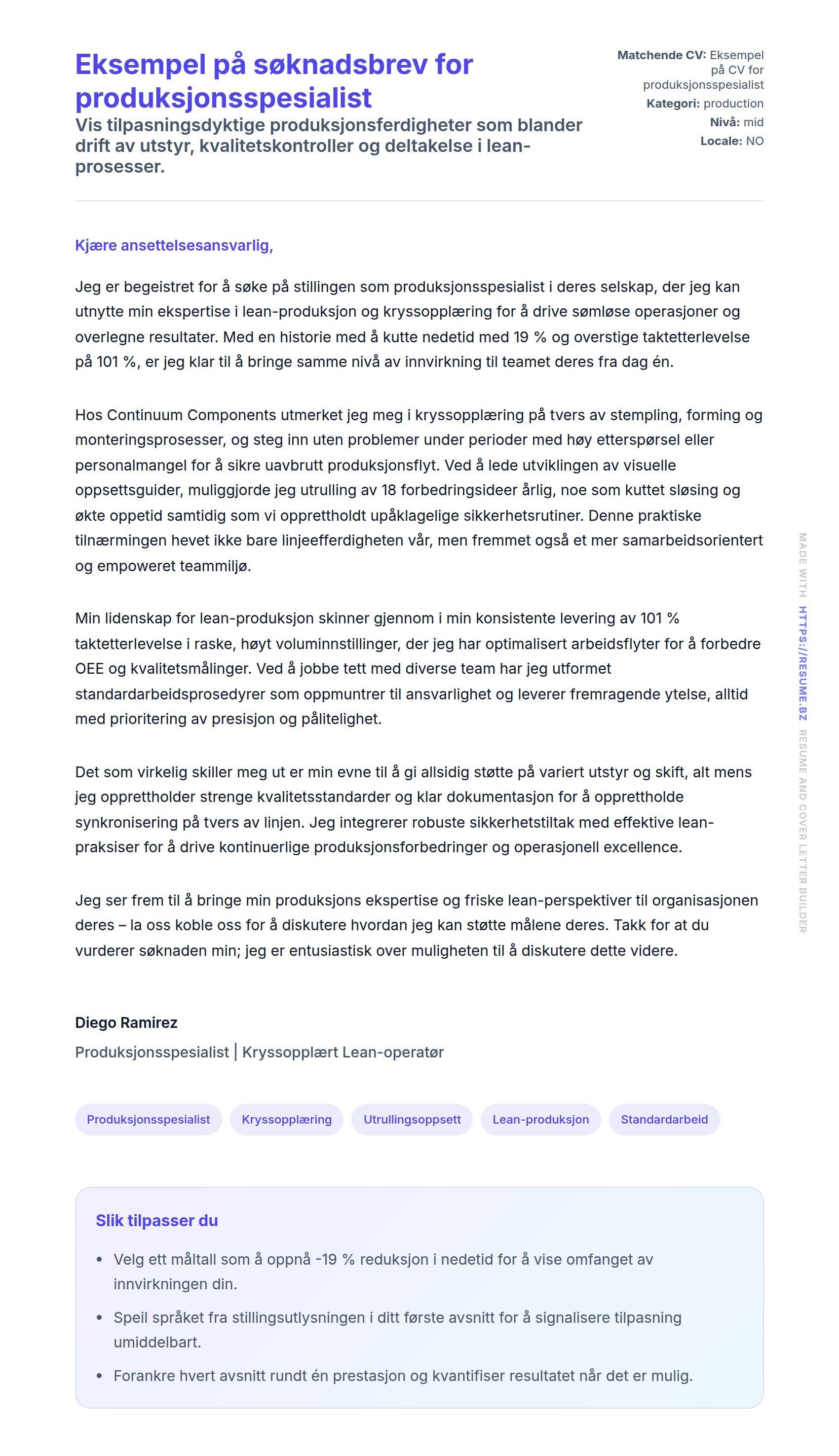 Eksempel på søknadsbrev for produksjonsspesialist