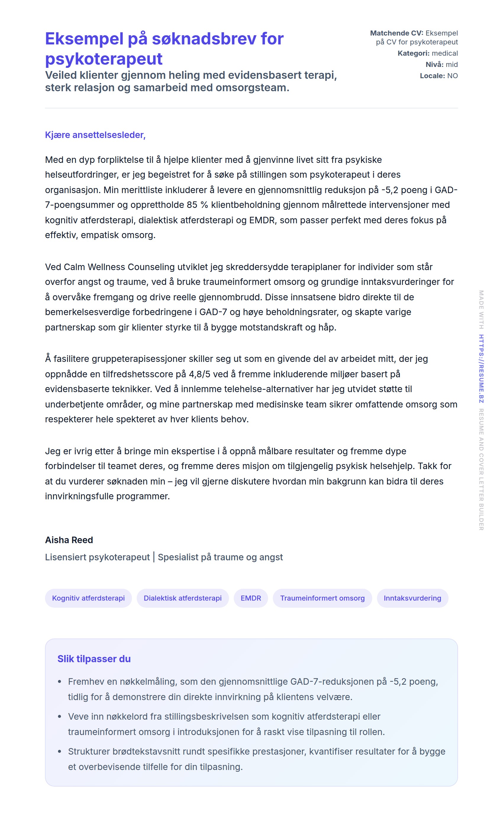 Forhåndsvisning av søknadsbrev for Eksempel på søknadsbrev for psykoterapeut