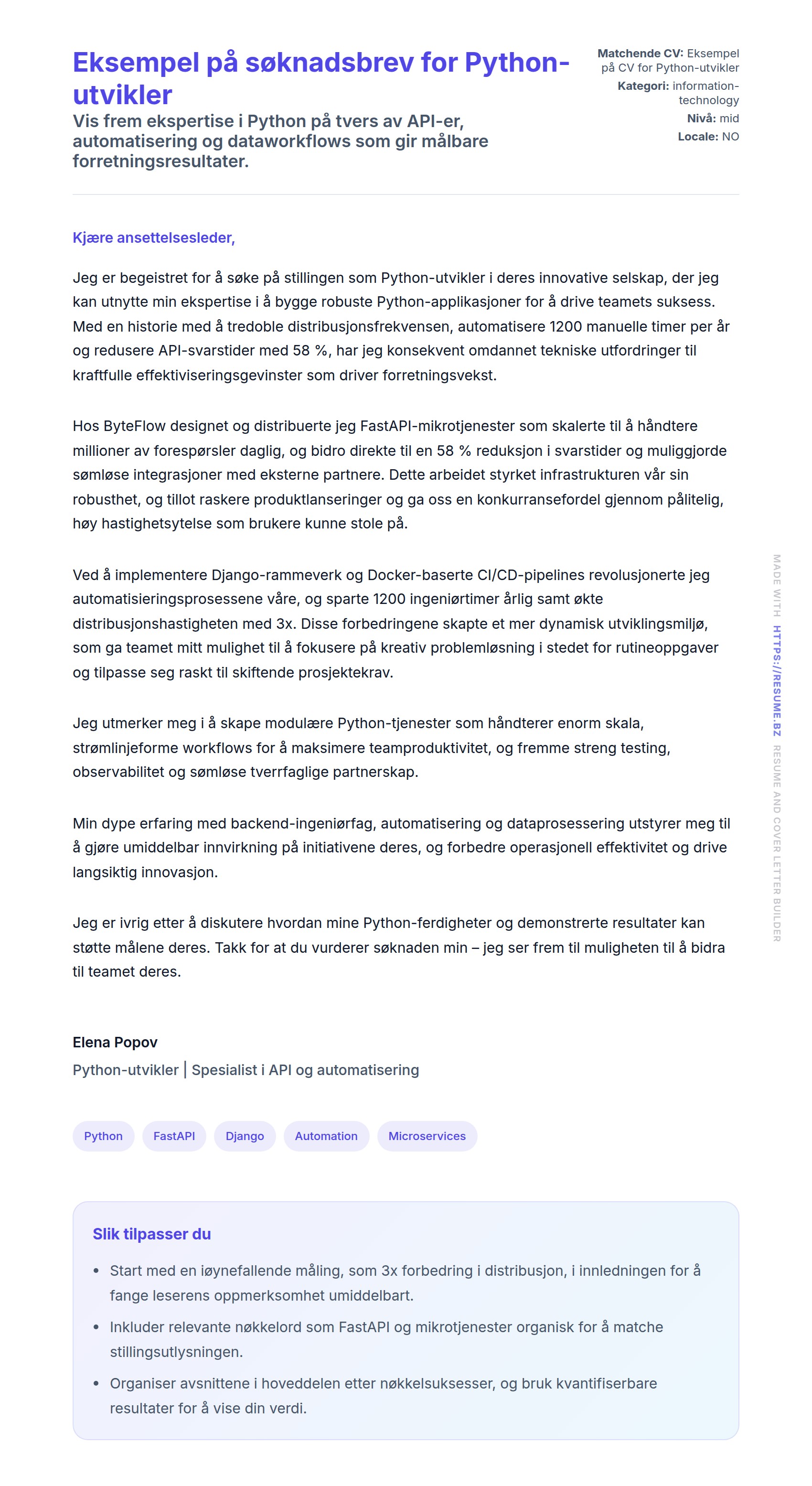 Forhåndsvisning av søknadsbrev for Eksempel på søknadsbrev for Python-utvikler