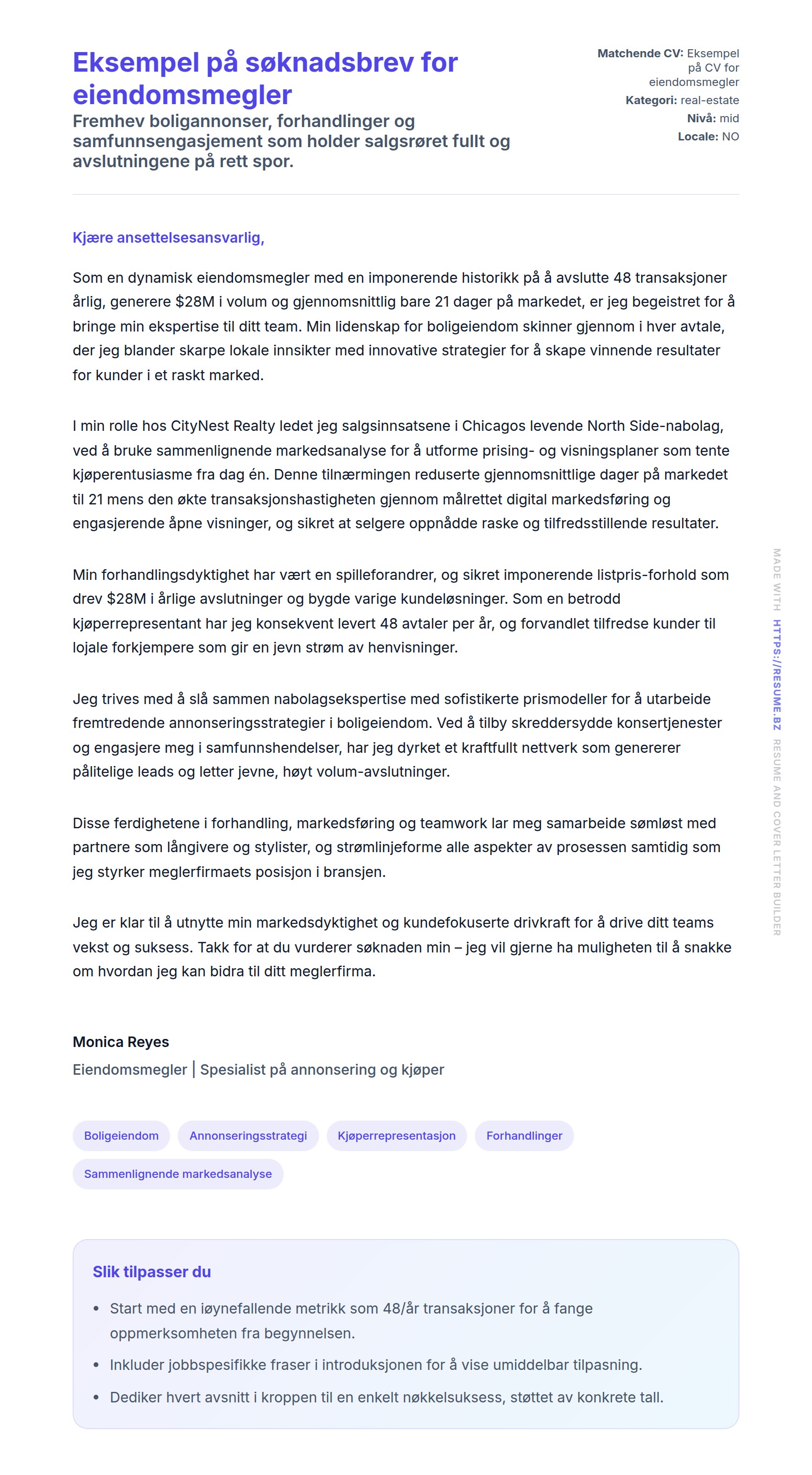 Forhåndsvisning av søknadsbrev for Eksempel på søknadsbrev for eiendomsmegler