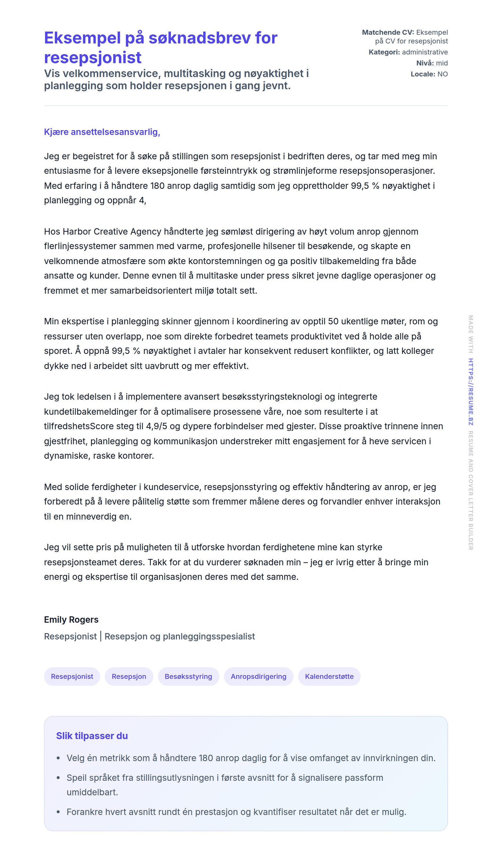 Eksempel på søknadsbrev for resepsjonist