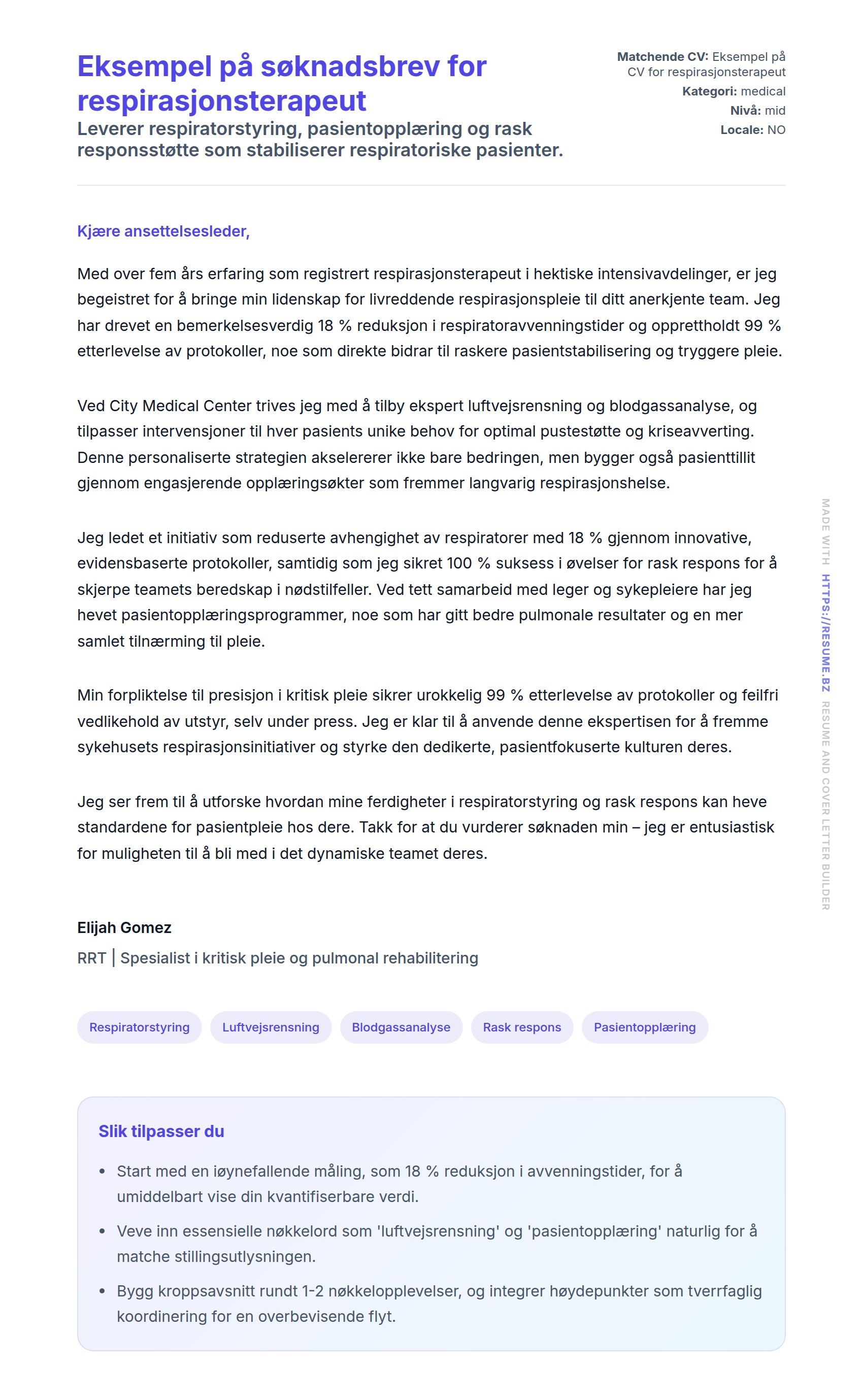 Forhåndsvisning av søknadsbrev for Eksempel på søknadsbrev for respirasjonsterapeut