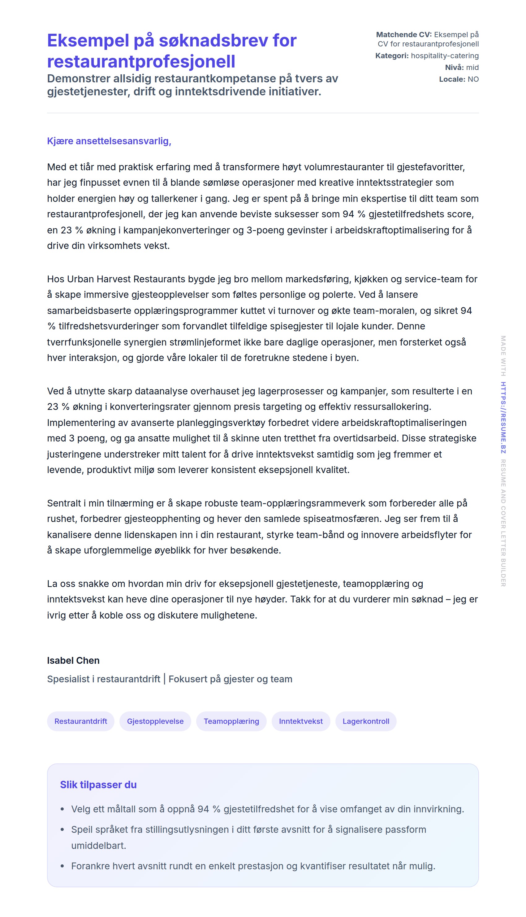 Eksempel på søknadsbrev for restaurantprofesjonell