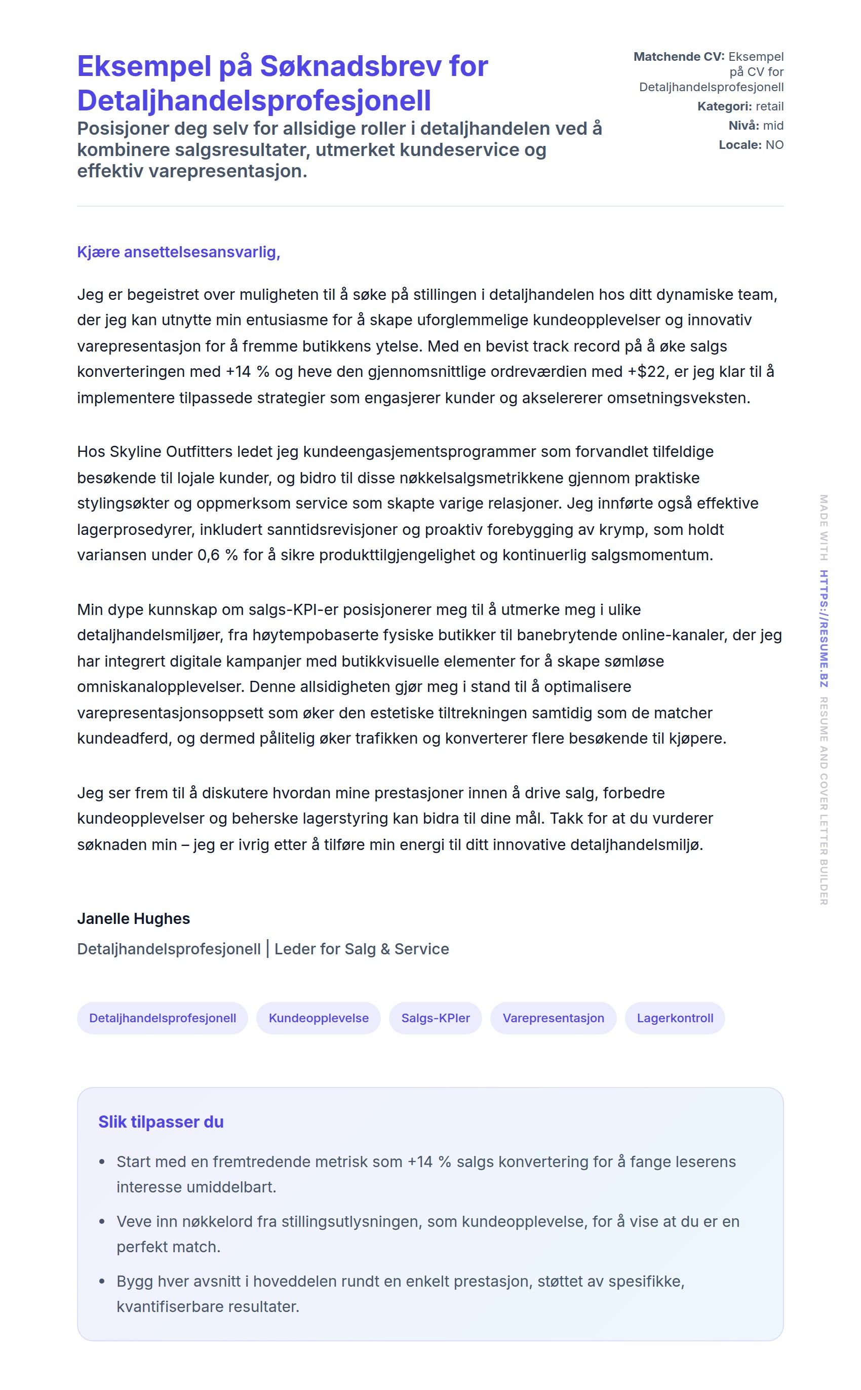Forhåndsvisning av søknadsbrev for Eksempel på Søknadsbrev for Detaljhandelsprofesjonell