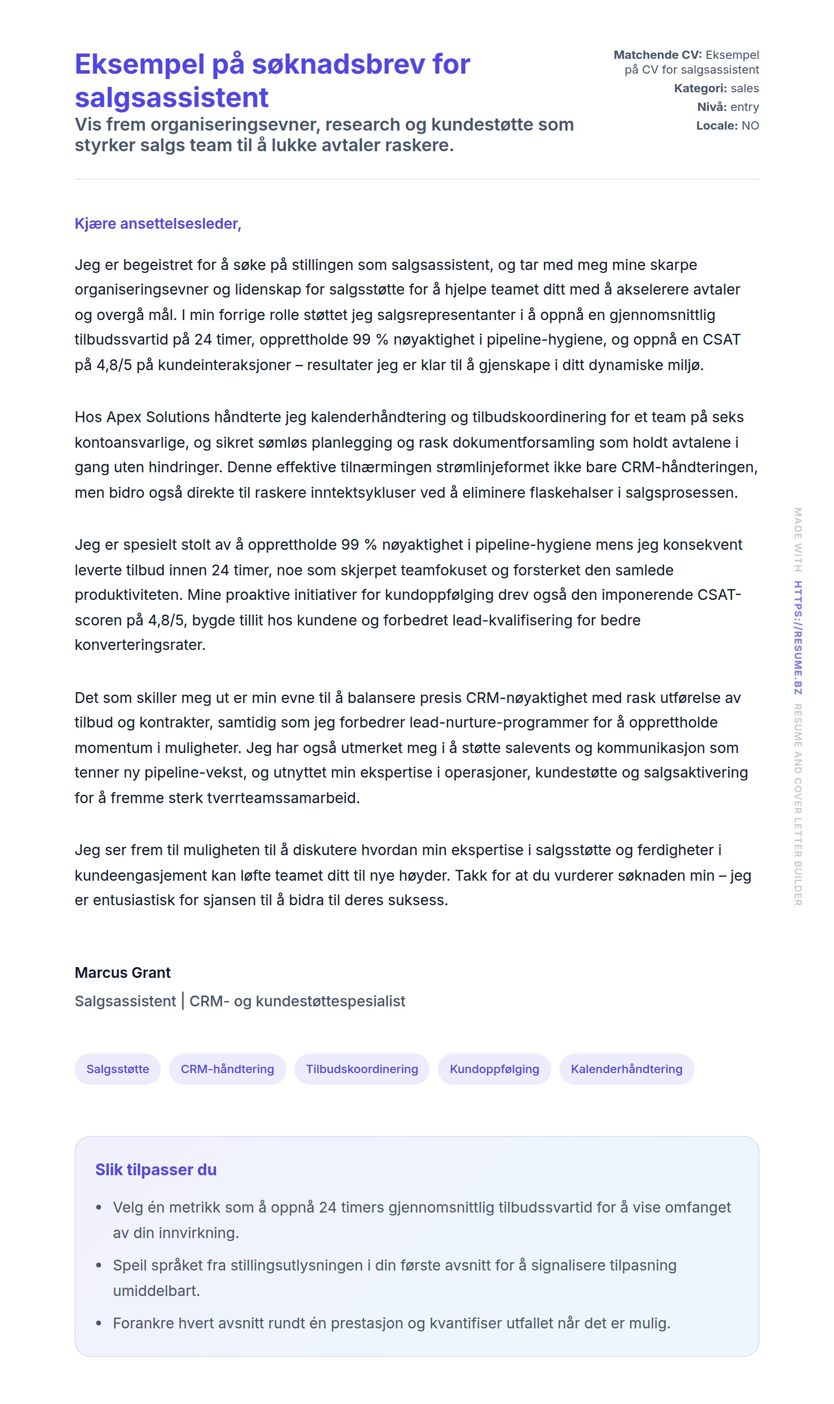 Eksempel på søknadsbrev for salgsassistent