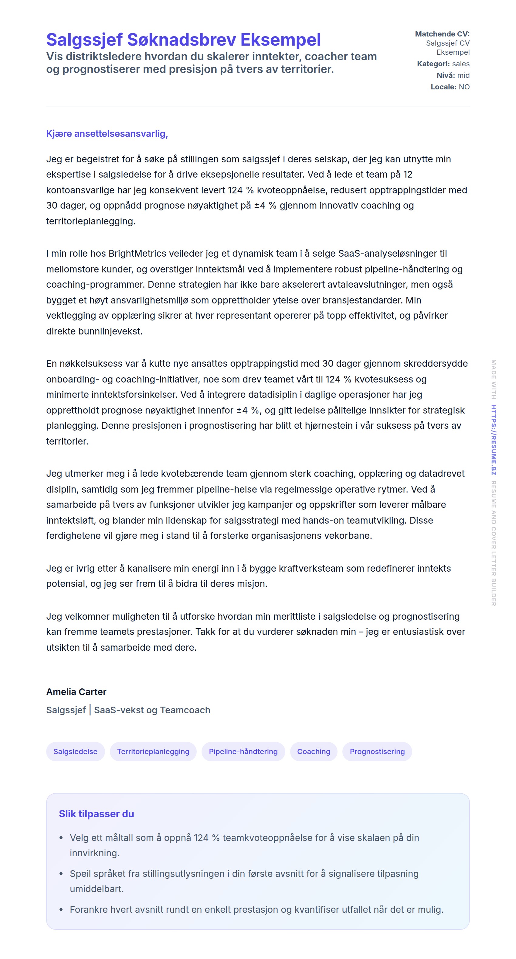 Forhåndsvisning av søknadsbrev for Salgssjef Søknadsbrev Eksempel