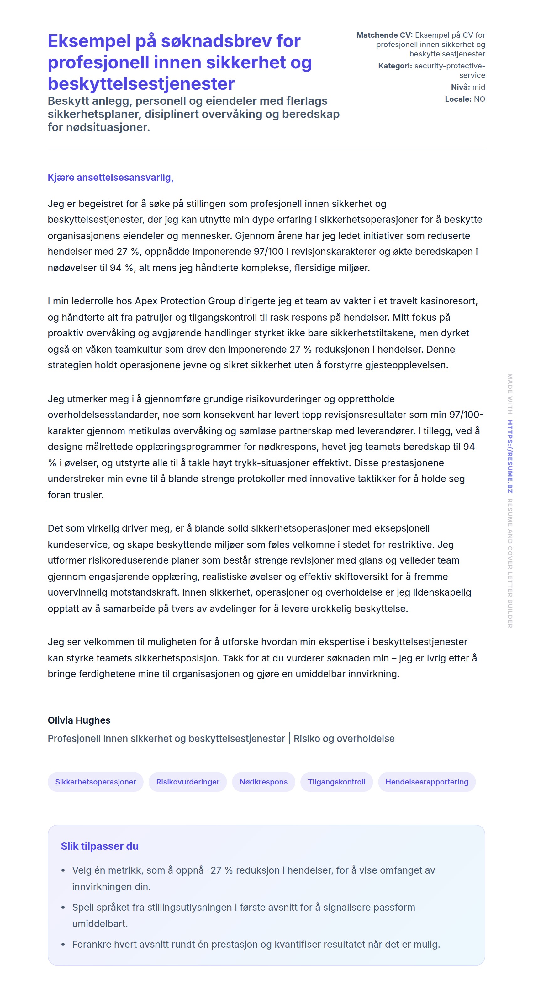 Eksempel på søknadsbrev for profesjonell innen sikkerhet og beskyttelsestjenester