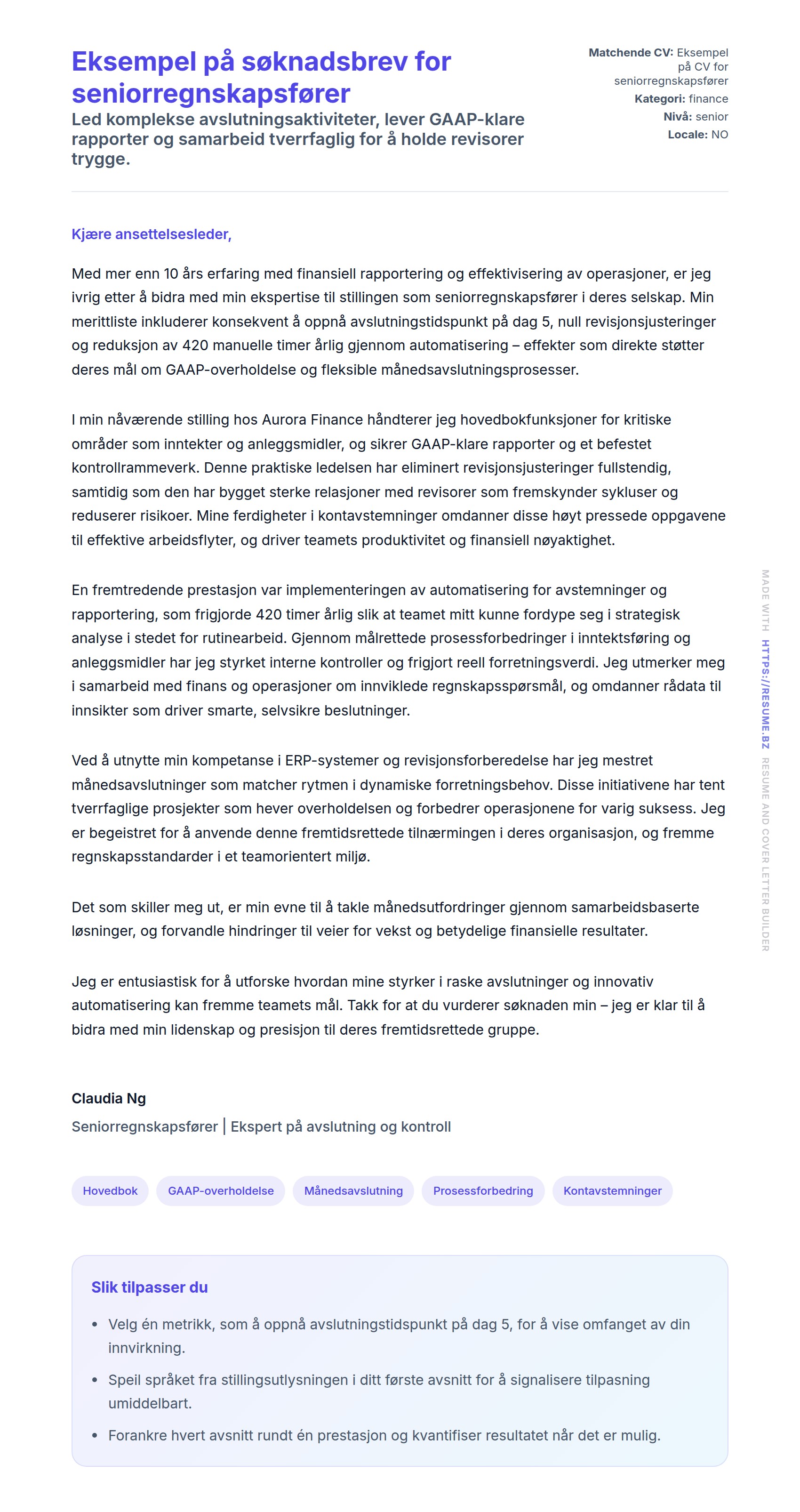 Forhåndsvisning av søknadsbrev for Eksempel på søknadsbrev for seniorregnskapsfører