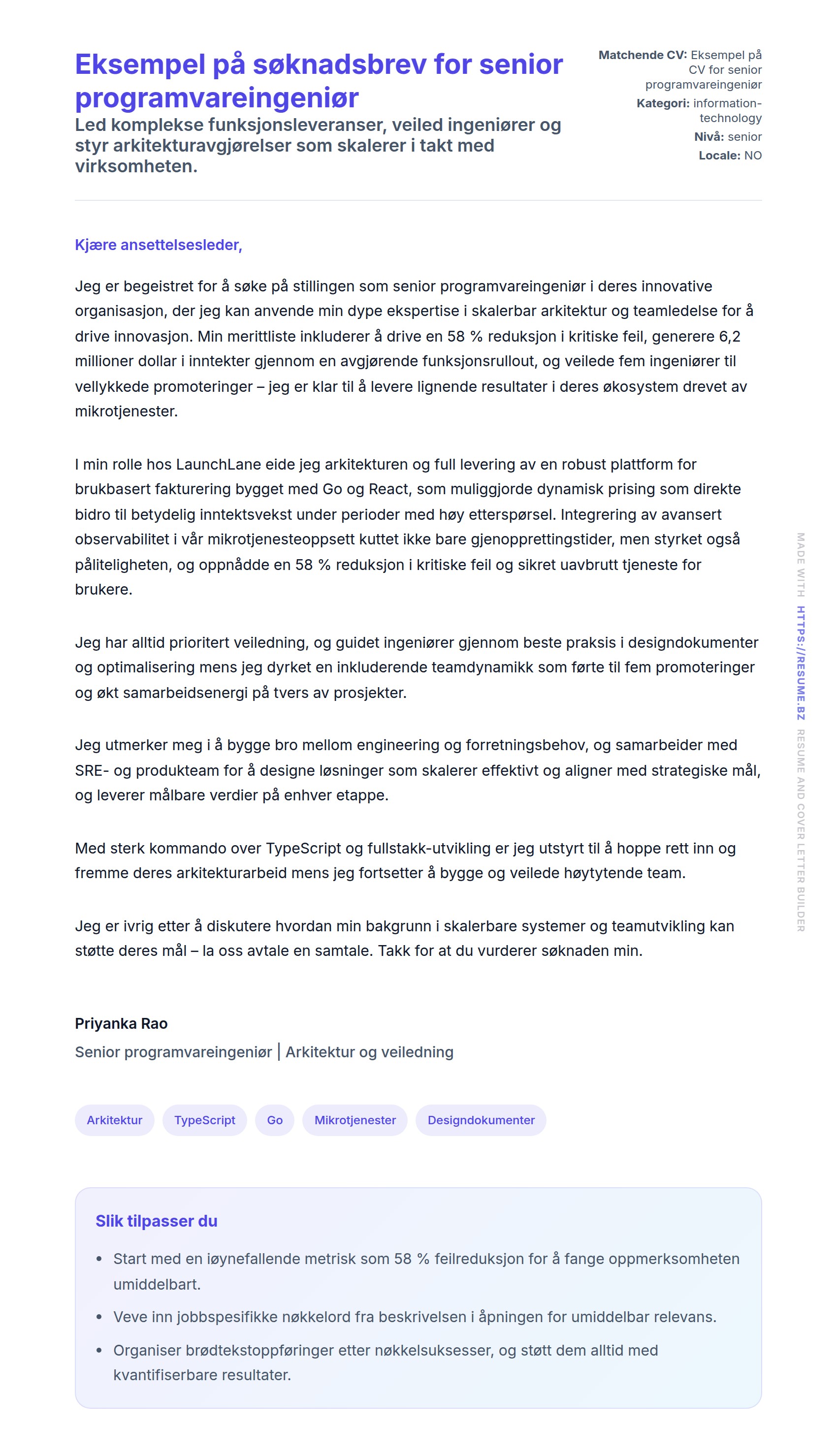 Forhåndsvisning av søknadsbrev for Eksempel på søknadsbrev for senior programvareingeniør