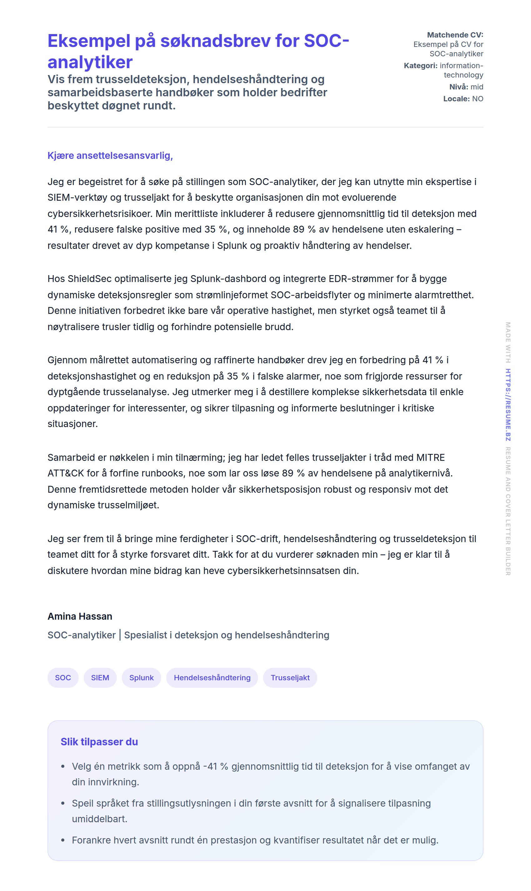 Forhåndsvisning av søknadsbrev for Eksempel på søknadsbrev for SOC-analytiker