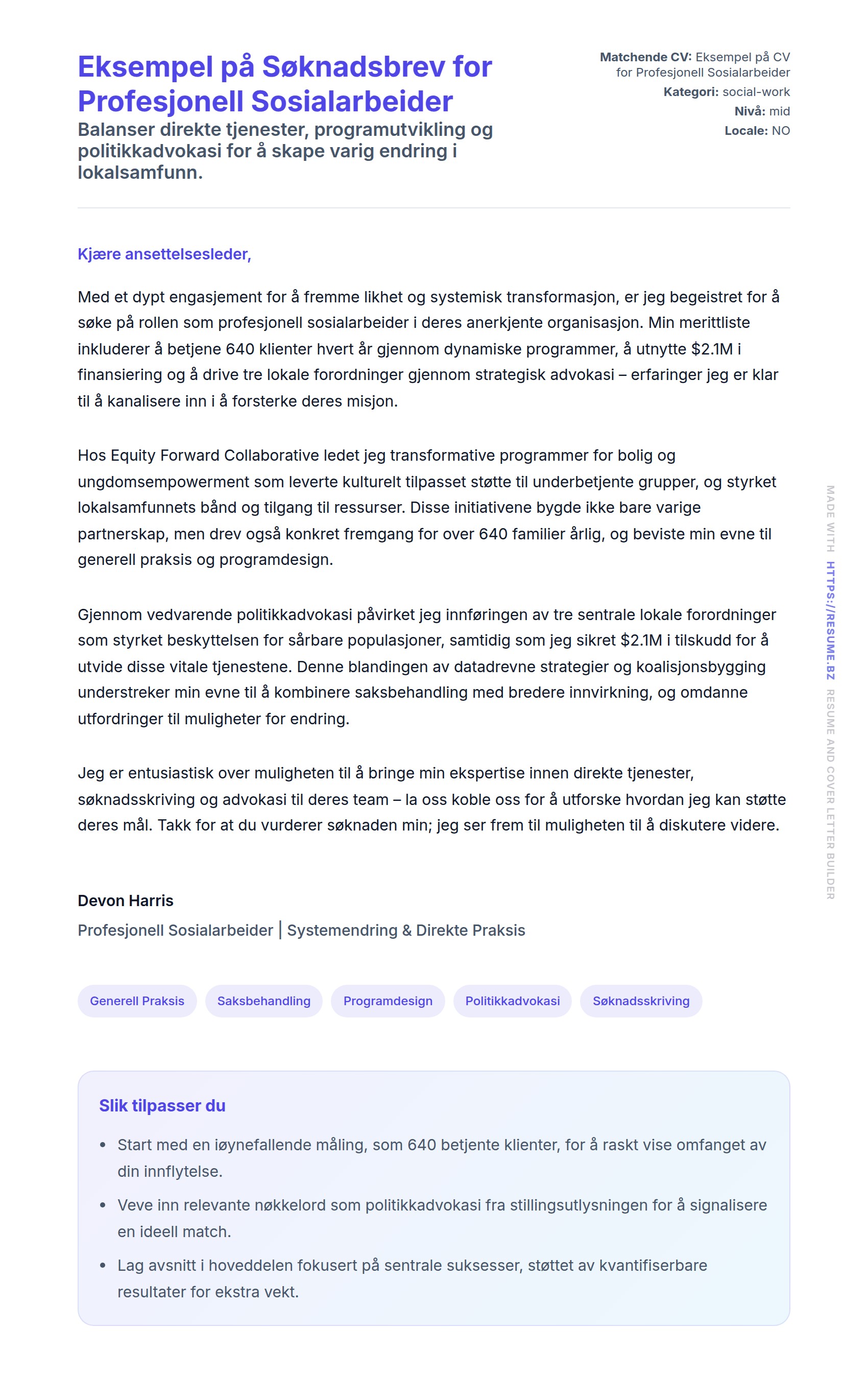 Forhåndsvisning av søknadsbrev for Eksempel på Søknadsbrev for Profesjonell Sosialarbeider