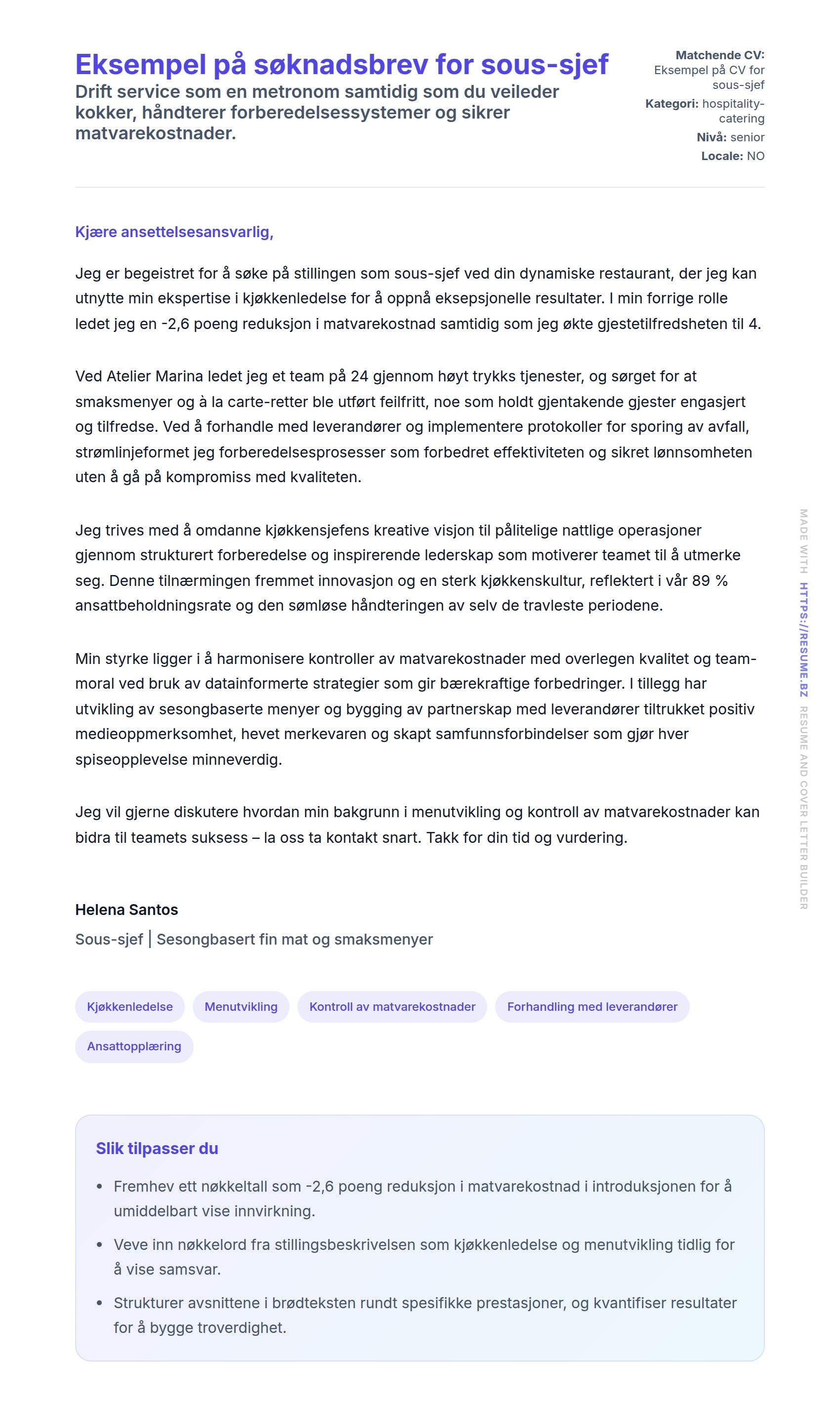 Forhåndsvisning av søknadsbrev for Eksempel på søknadsbrev for sous-sjef