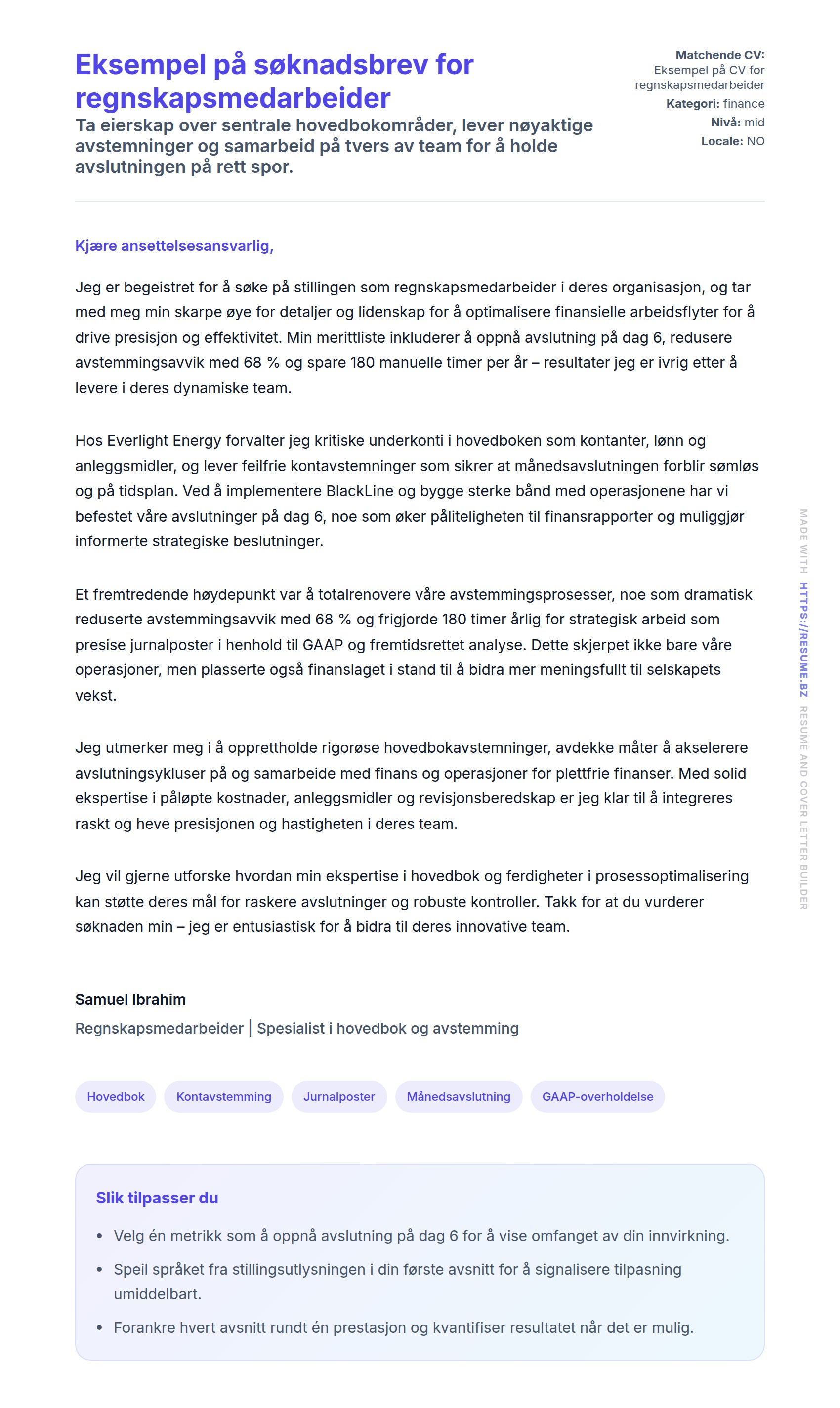 Forhåndsvisning av søknadsbrev for Eksempel på søknadsbrev for regnskapsmedarbeider