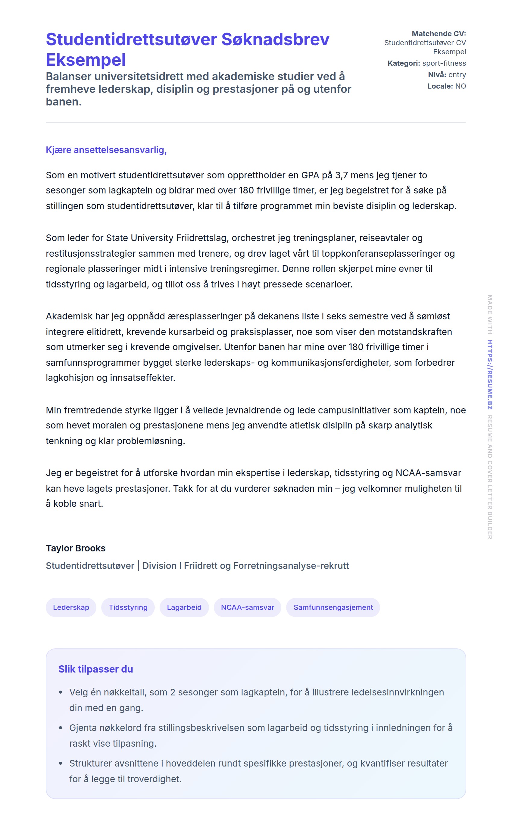 Forhåndsvisning av søknadsbrev for Studentidrettsutøver Søknadsbrev Eksempel