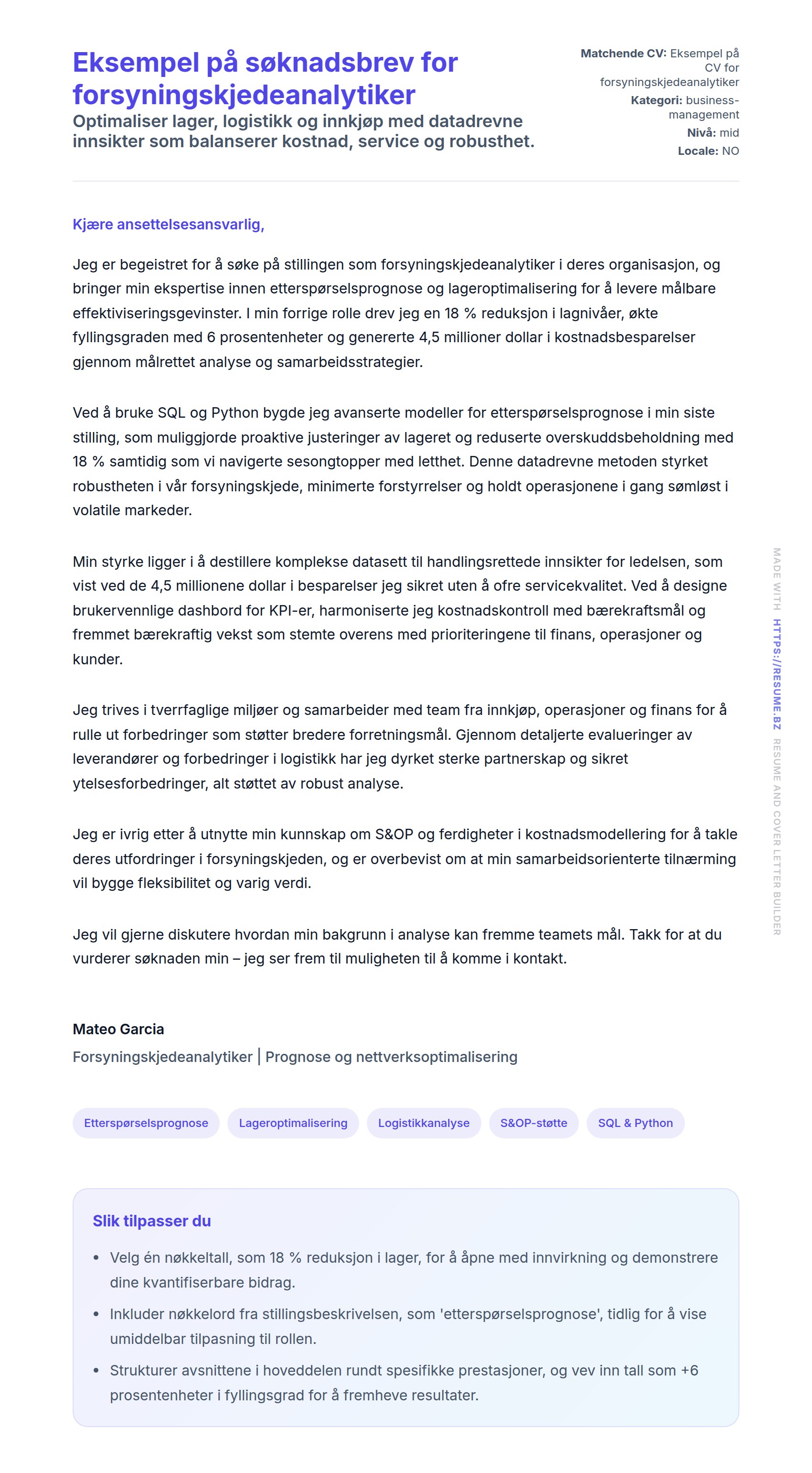 Forhåndsvisning av søknadsbrev for Eksempel på søknadsbrev for forsyningskjedeanalytiker