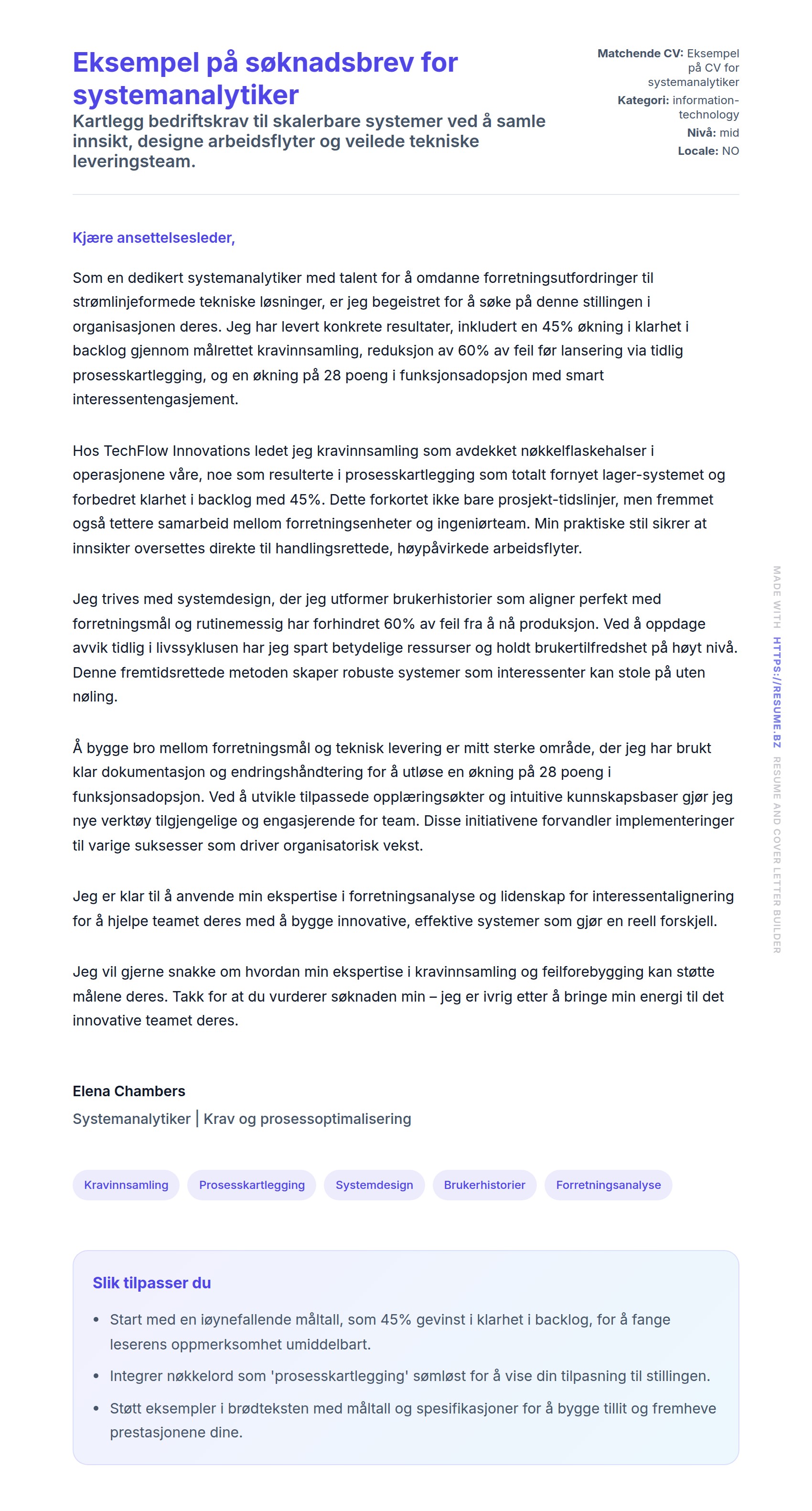 Forhåndsvisning av søknadsbrev for Eksempel på søknadsbrev for systemanalytiker