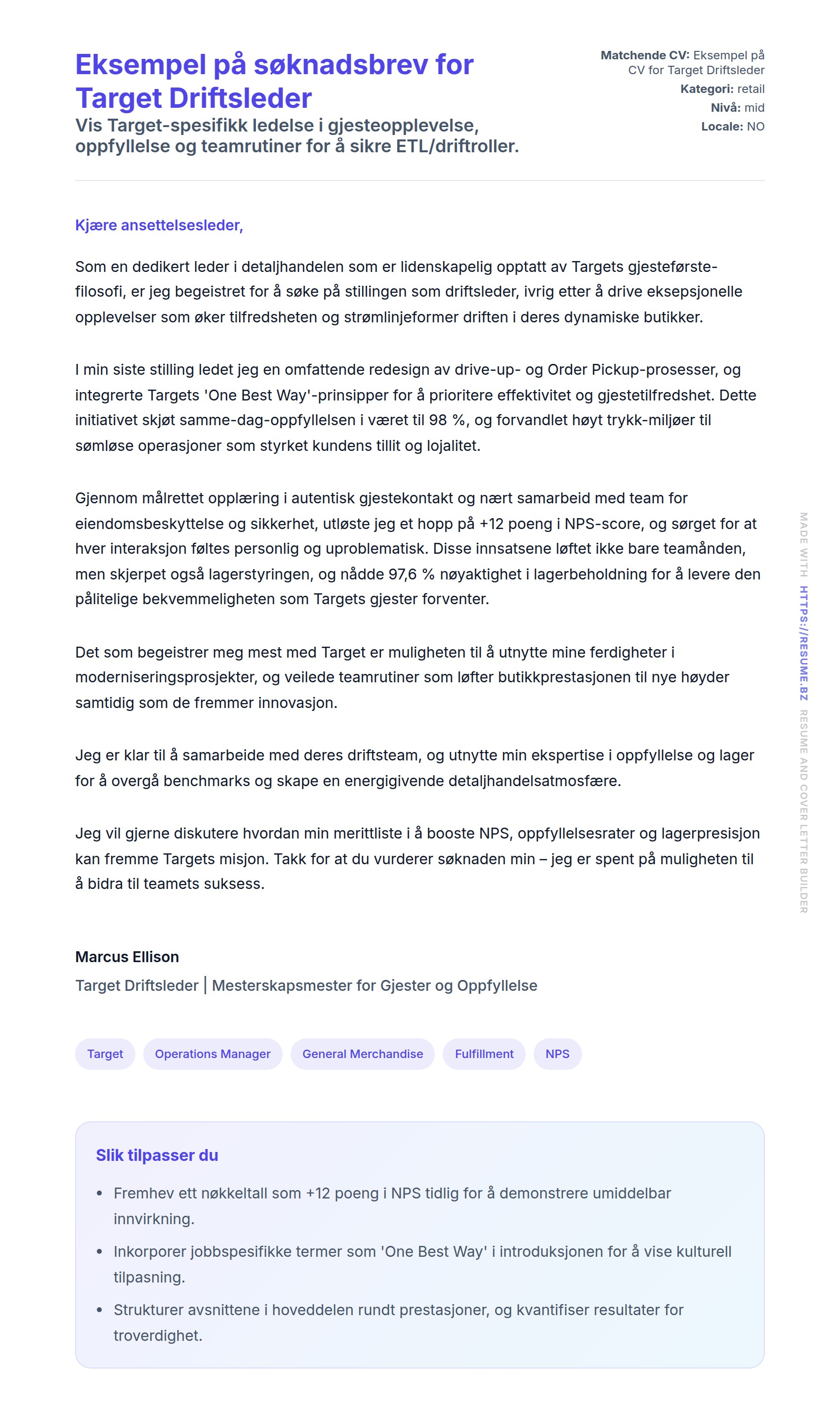 Forhåndsvisning av søknadsbrev for Eksempel på søknadsbrev for Target Driftsleder