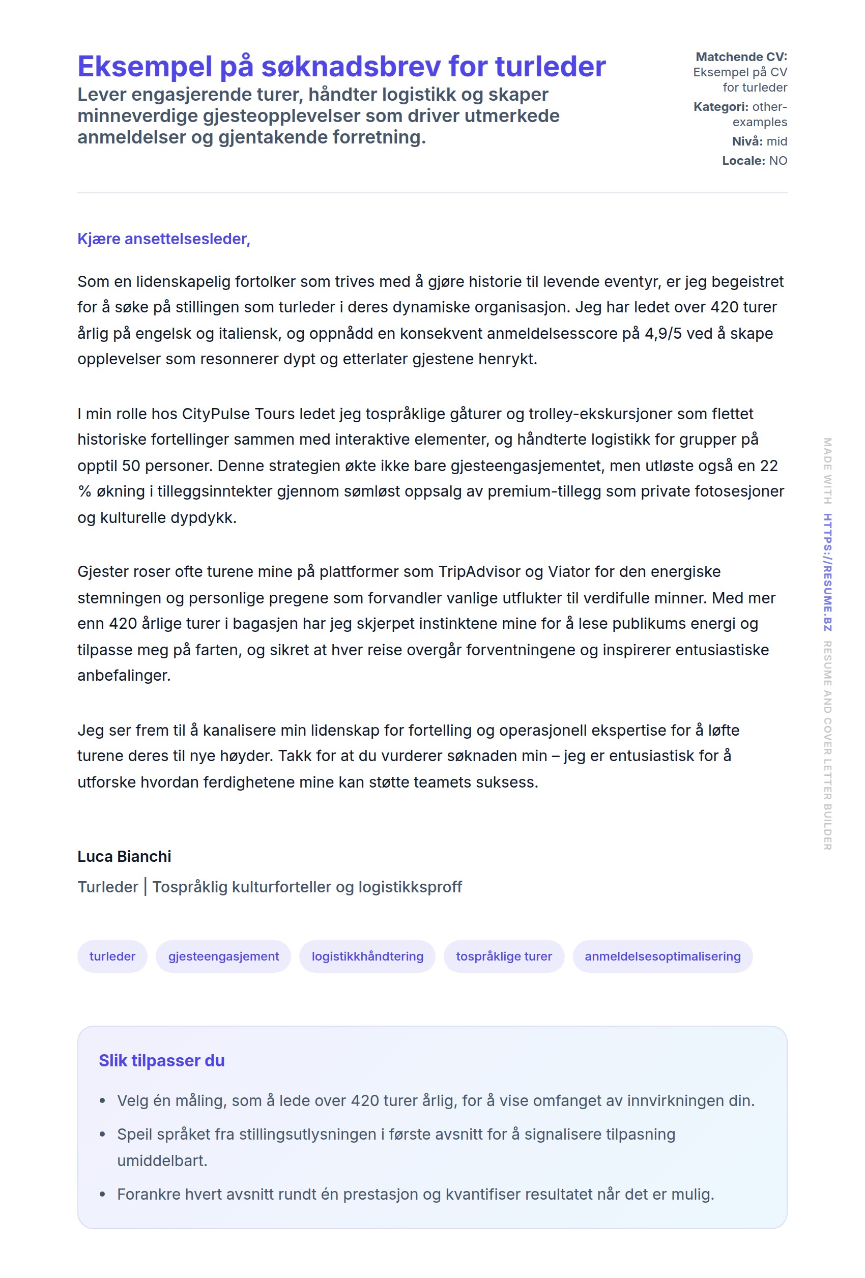 Forhåndsvisning av søknadsbrev for Eksempel på søknadsbrev for turleder