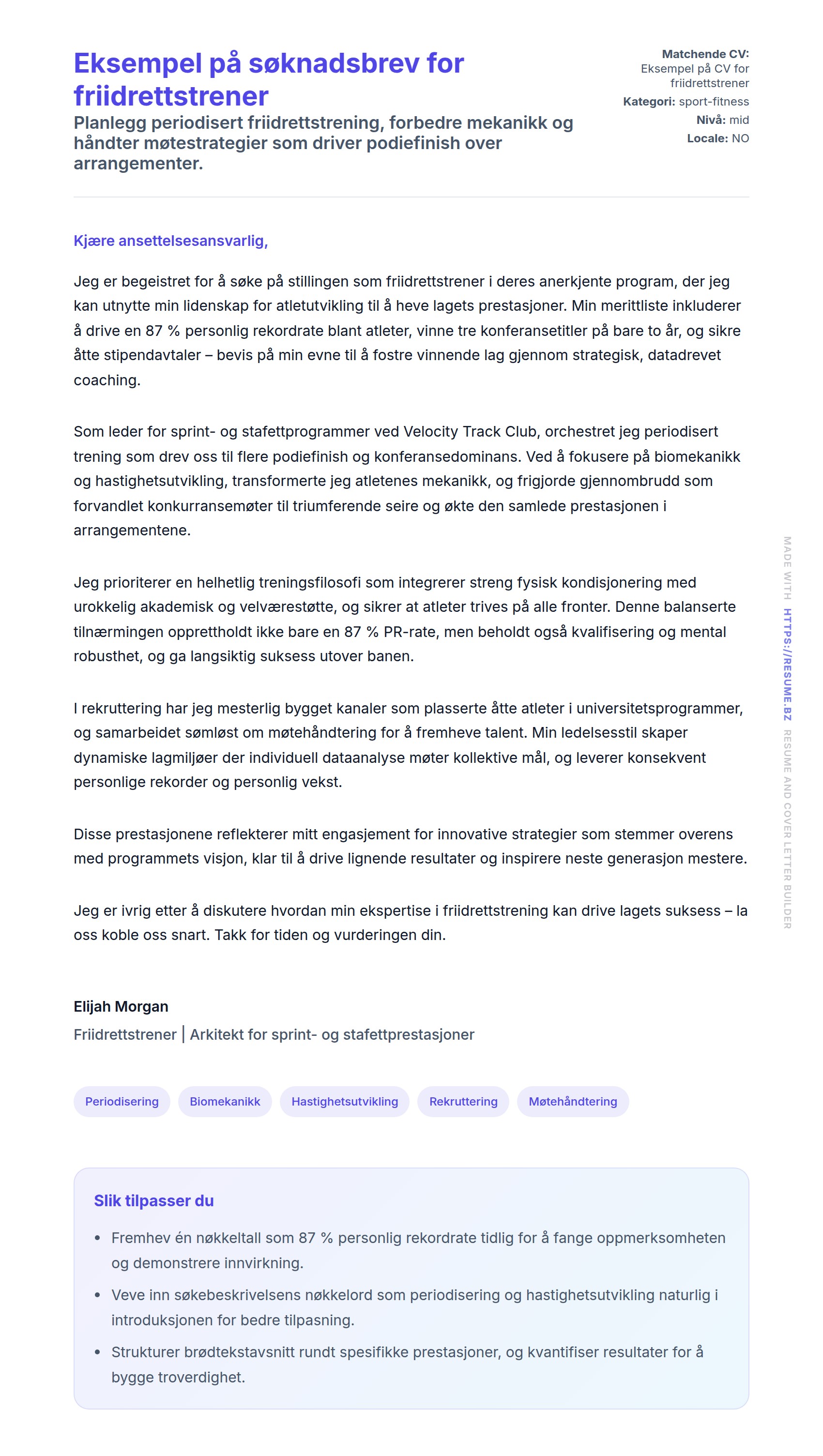 Eksempel på søknadsbrev for friidrettstrener