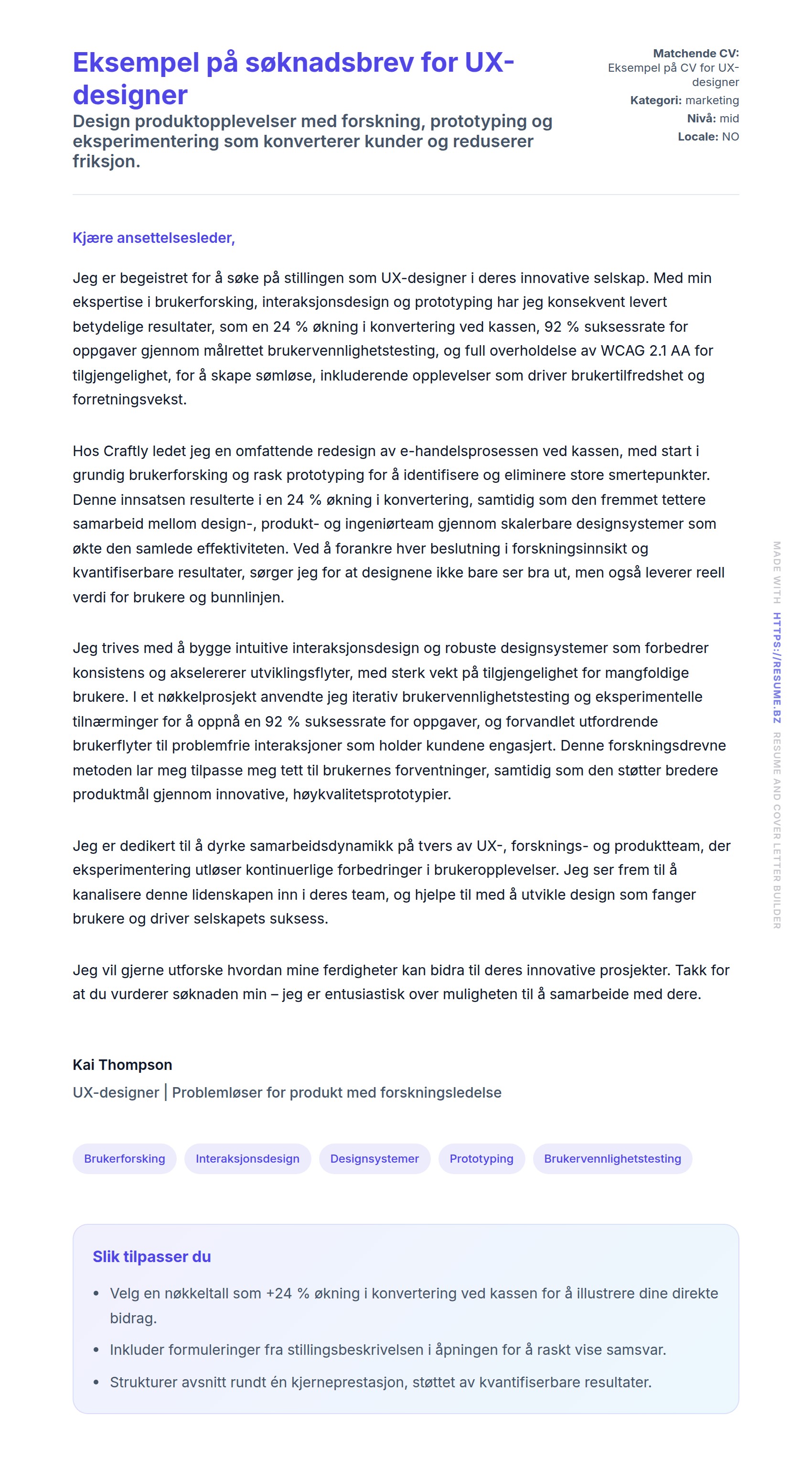 Forhåndsvisning av søknadsbrev for Eksempel på søknadsbrev for UX-designer