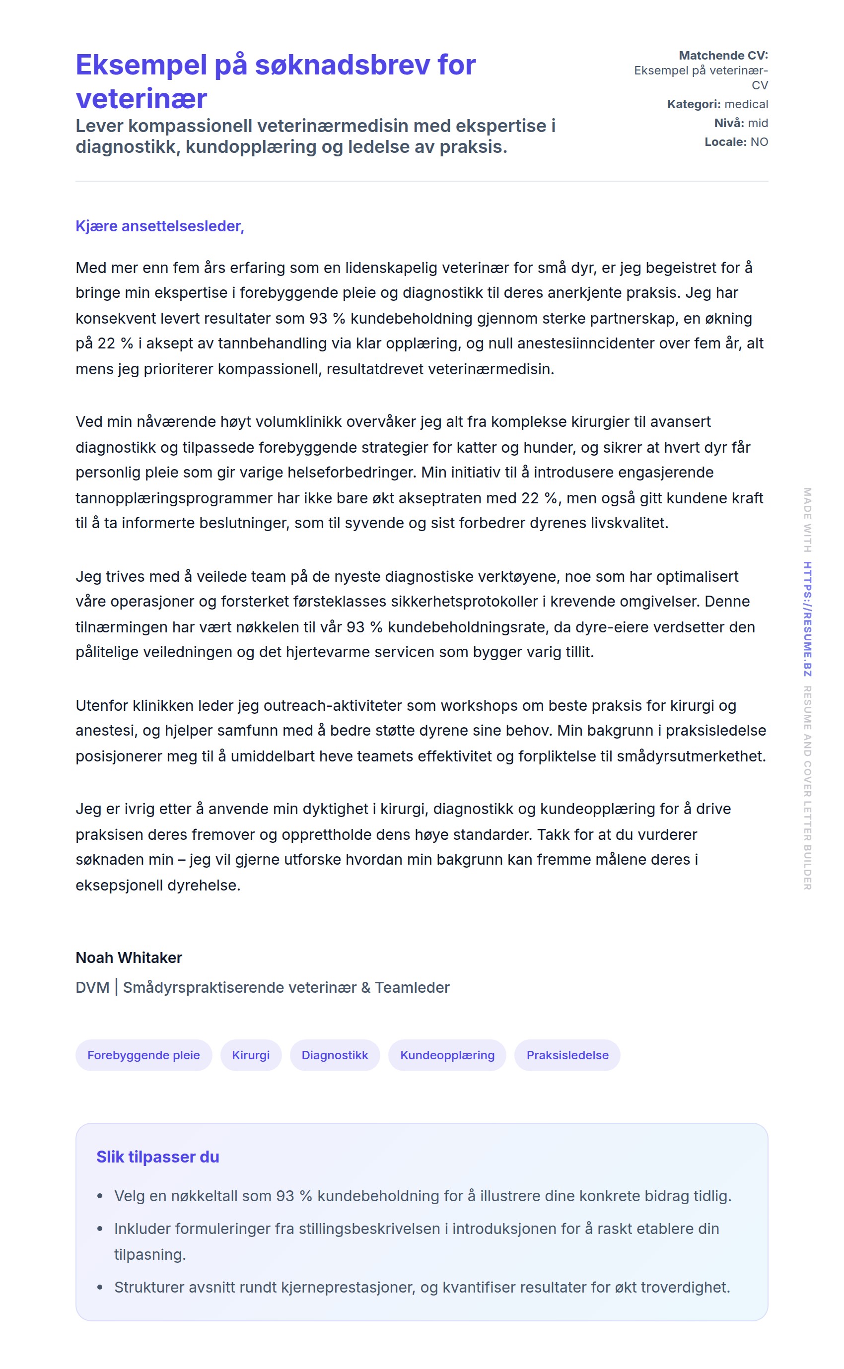 Forhåndsvisning av søknadsbrev for Eksempel på søknadsbrev for veterinær