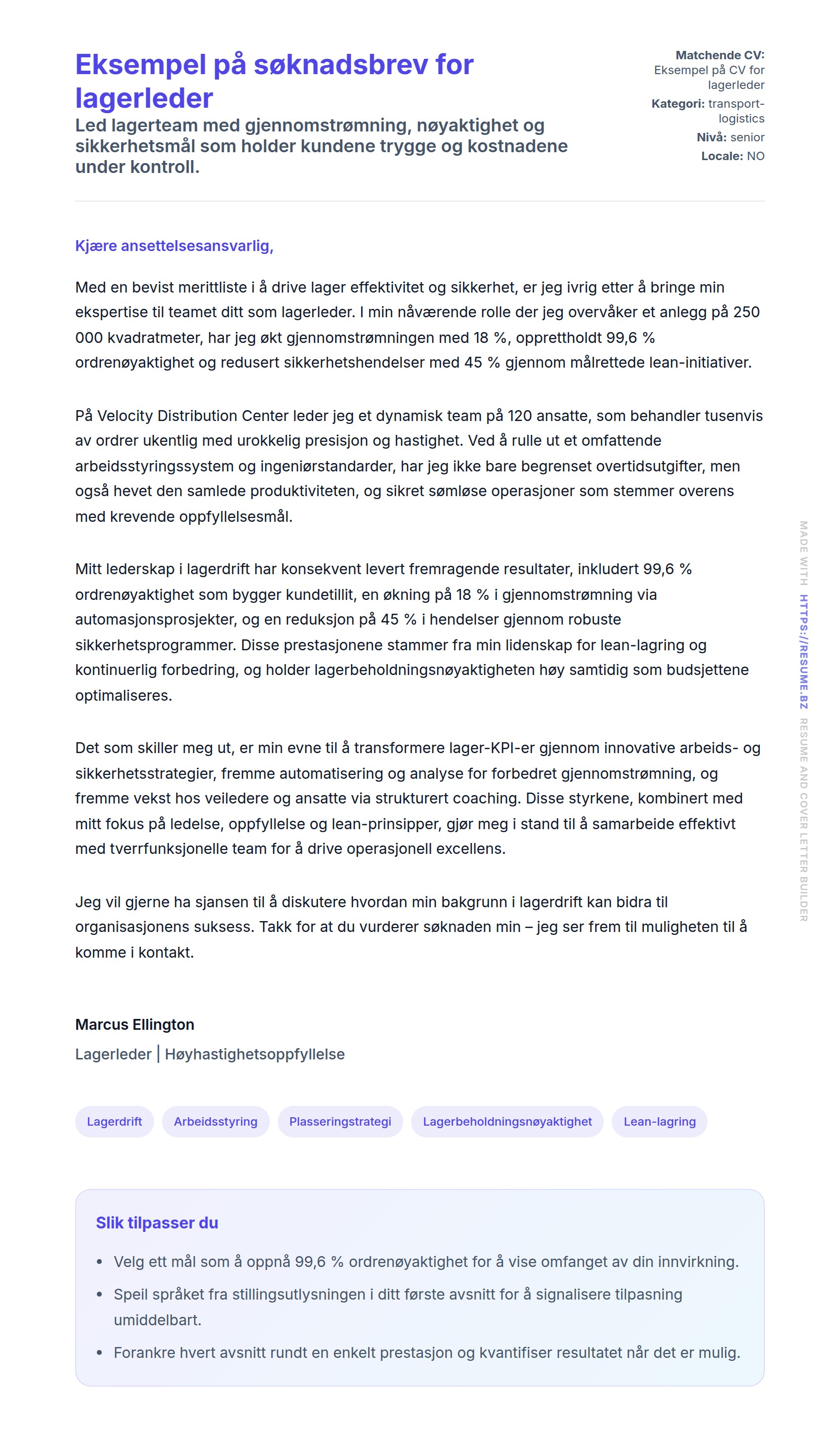 Forhåndsvisning av søknadsbrev for Eksempel på søknadsbrev for lagerleder