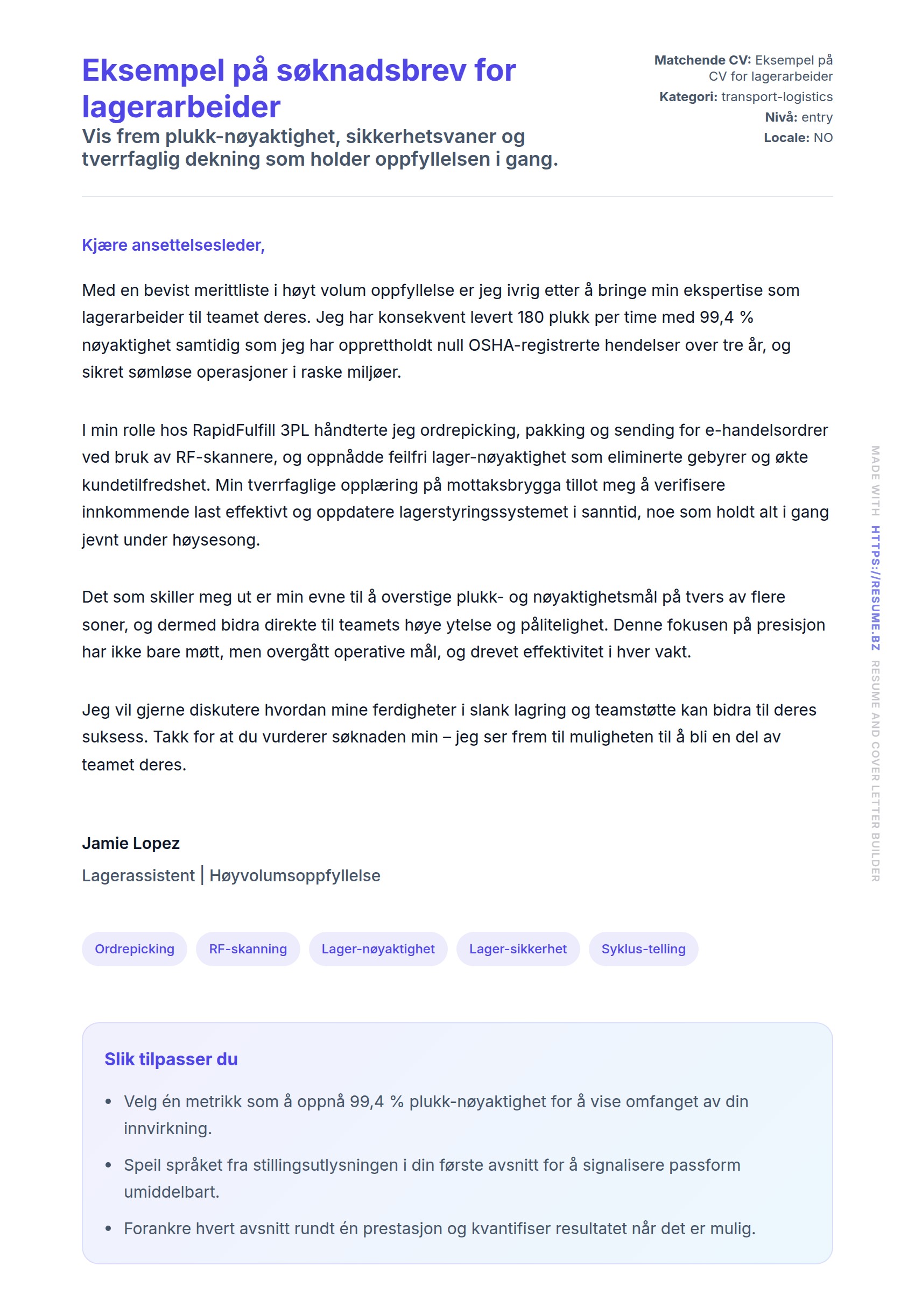 Forhåndsvisning av søknadsbrev for Eksempel på søknadsbrev for lagerarbeider