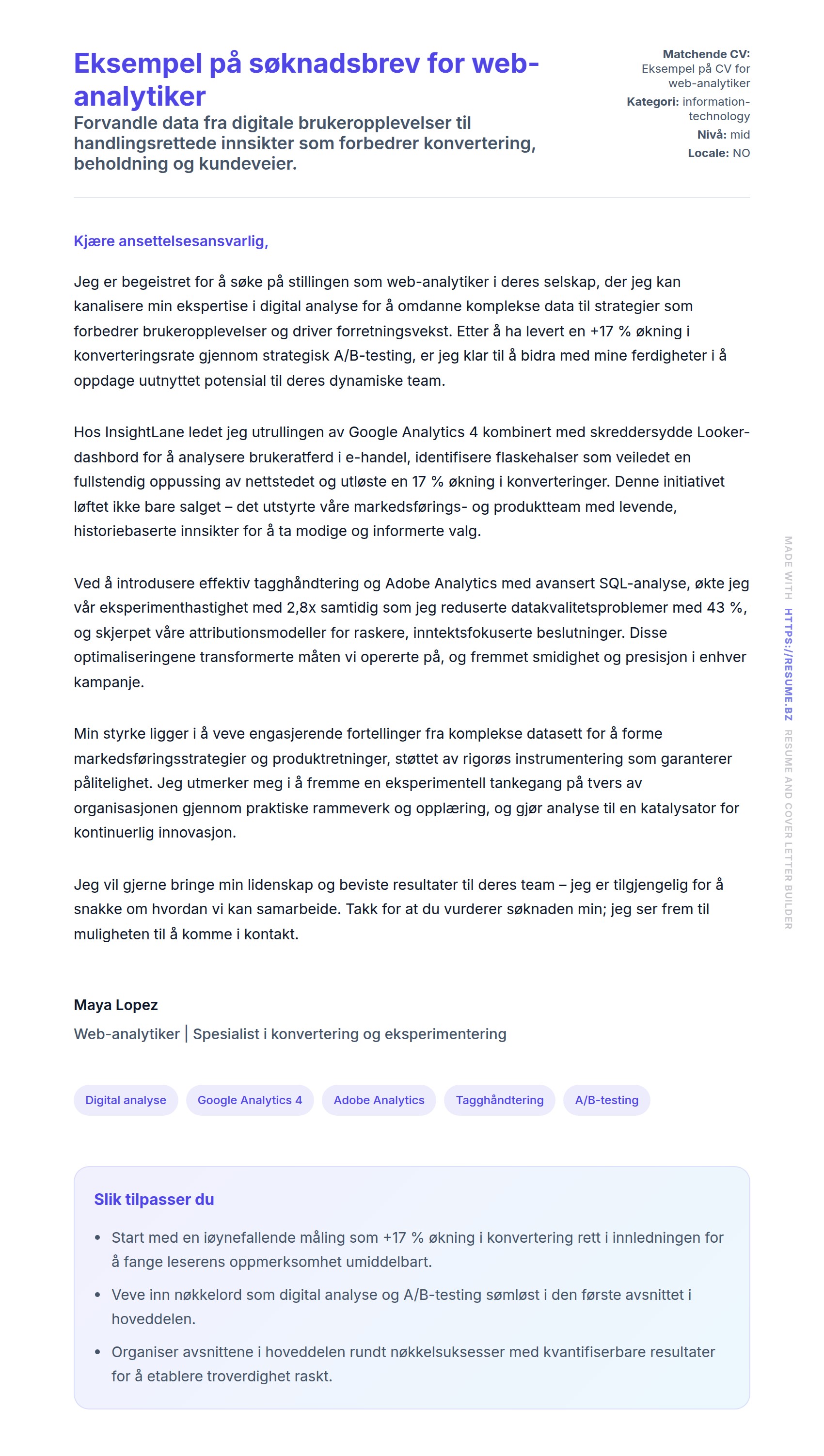 Eksempel på søknadsbrev for web-analytiker