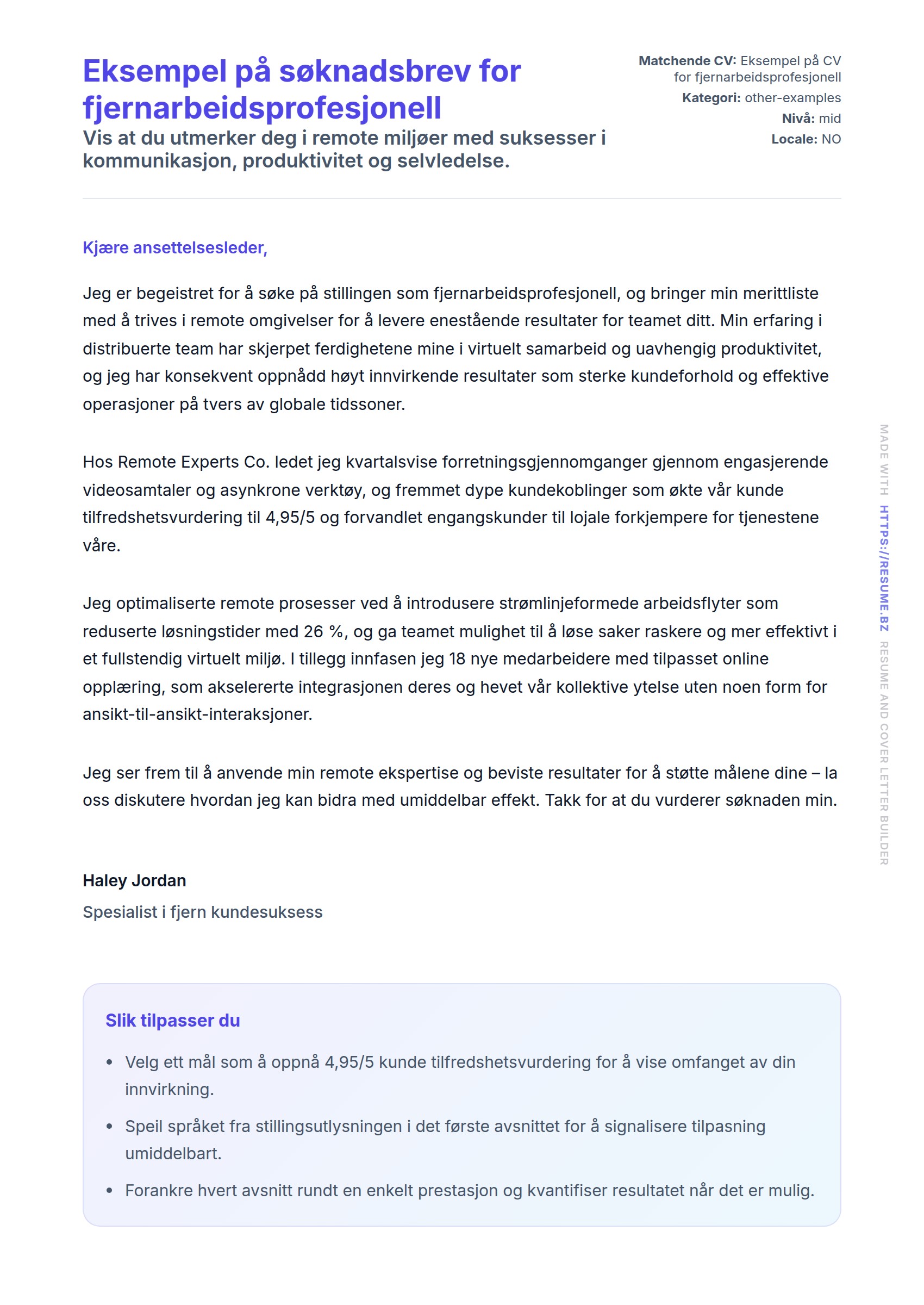 Forhåndsvisning av søknadsbrev for Eksempel på søknadsbrev for fjernarbeidsprofesjonell