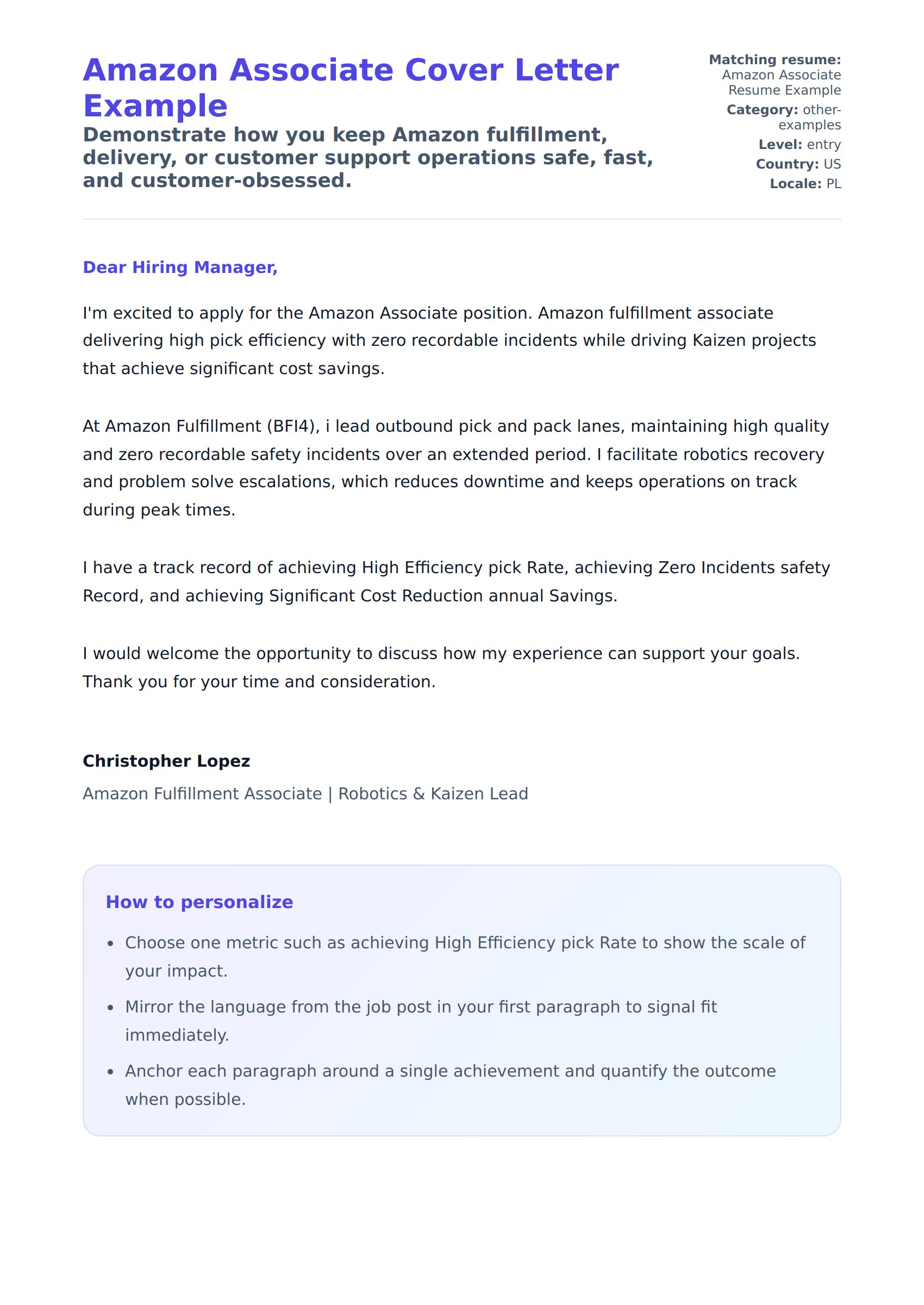 Cover Letter preview for Amazon Associate Cover Letter Example
