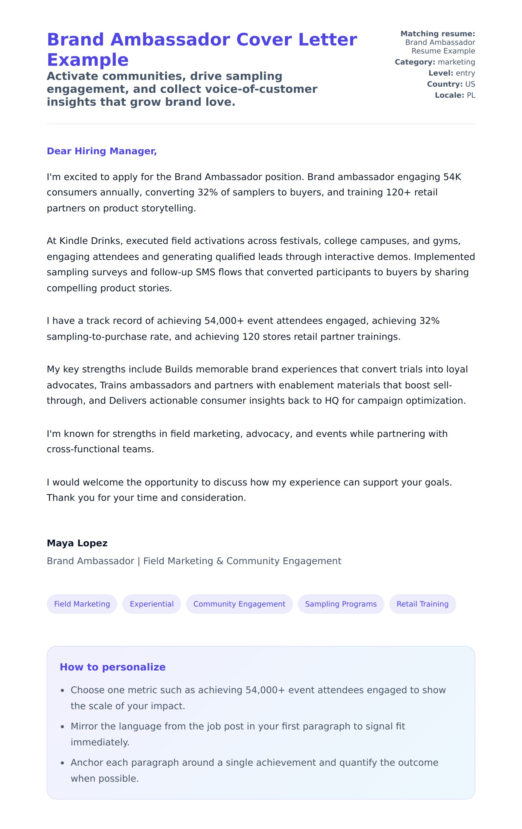 Cover Letter preview for Brand Ambassador Cover Letter Example