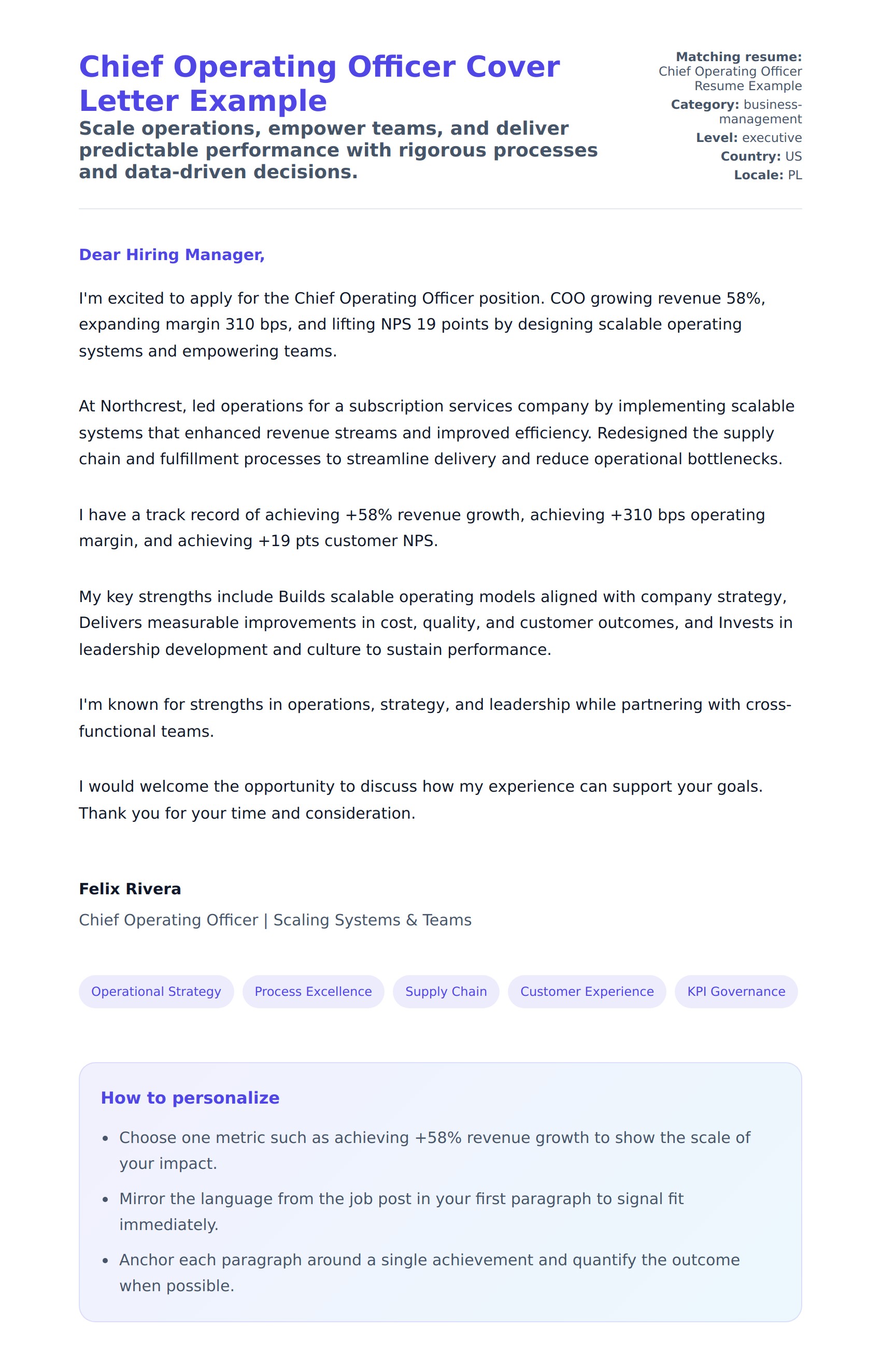 Cover Letter preview for Chief Operating Officer Cover Letter Example