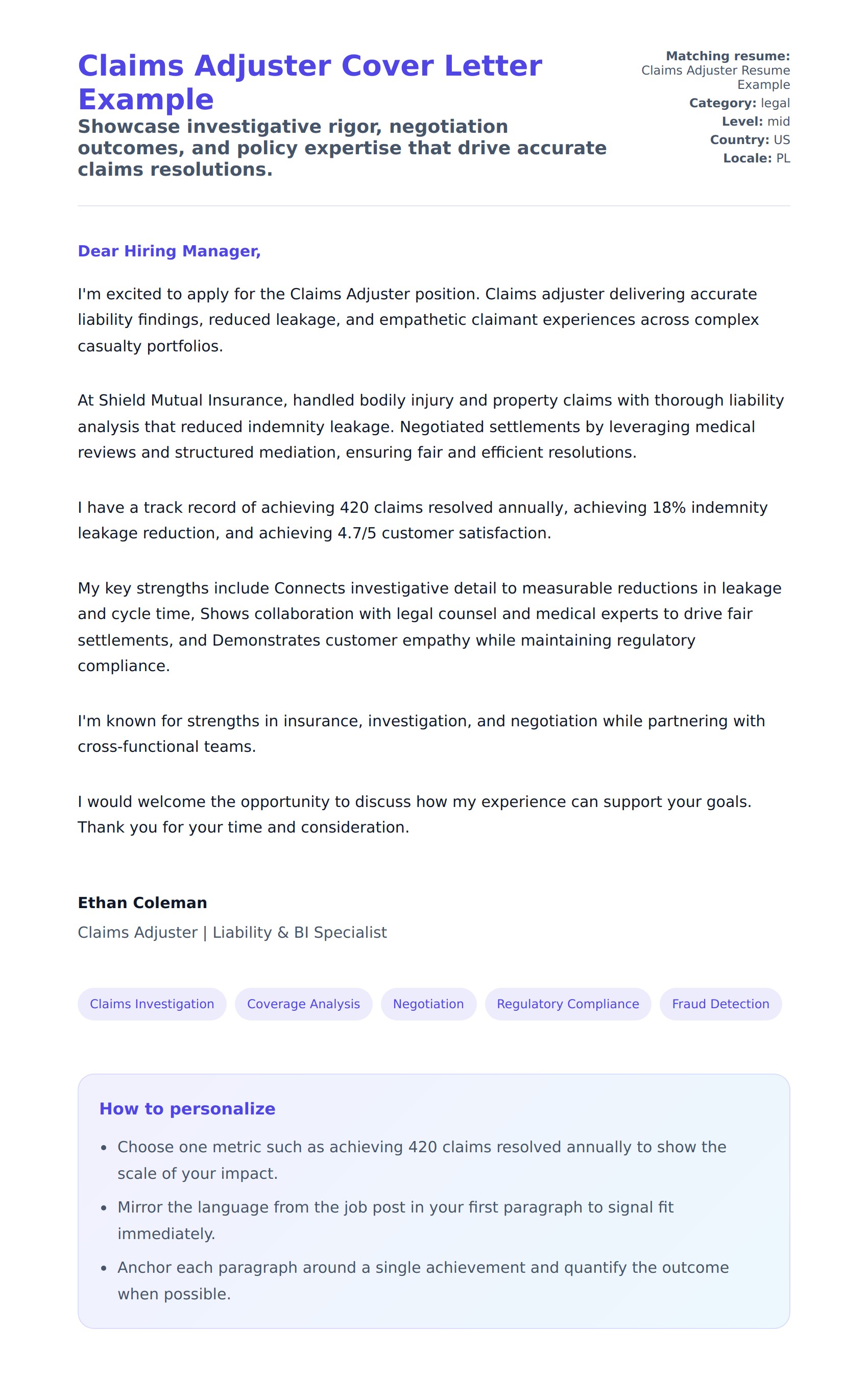 Cover Letter preview for Claims Adjuster Cover Letter Example