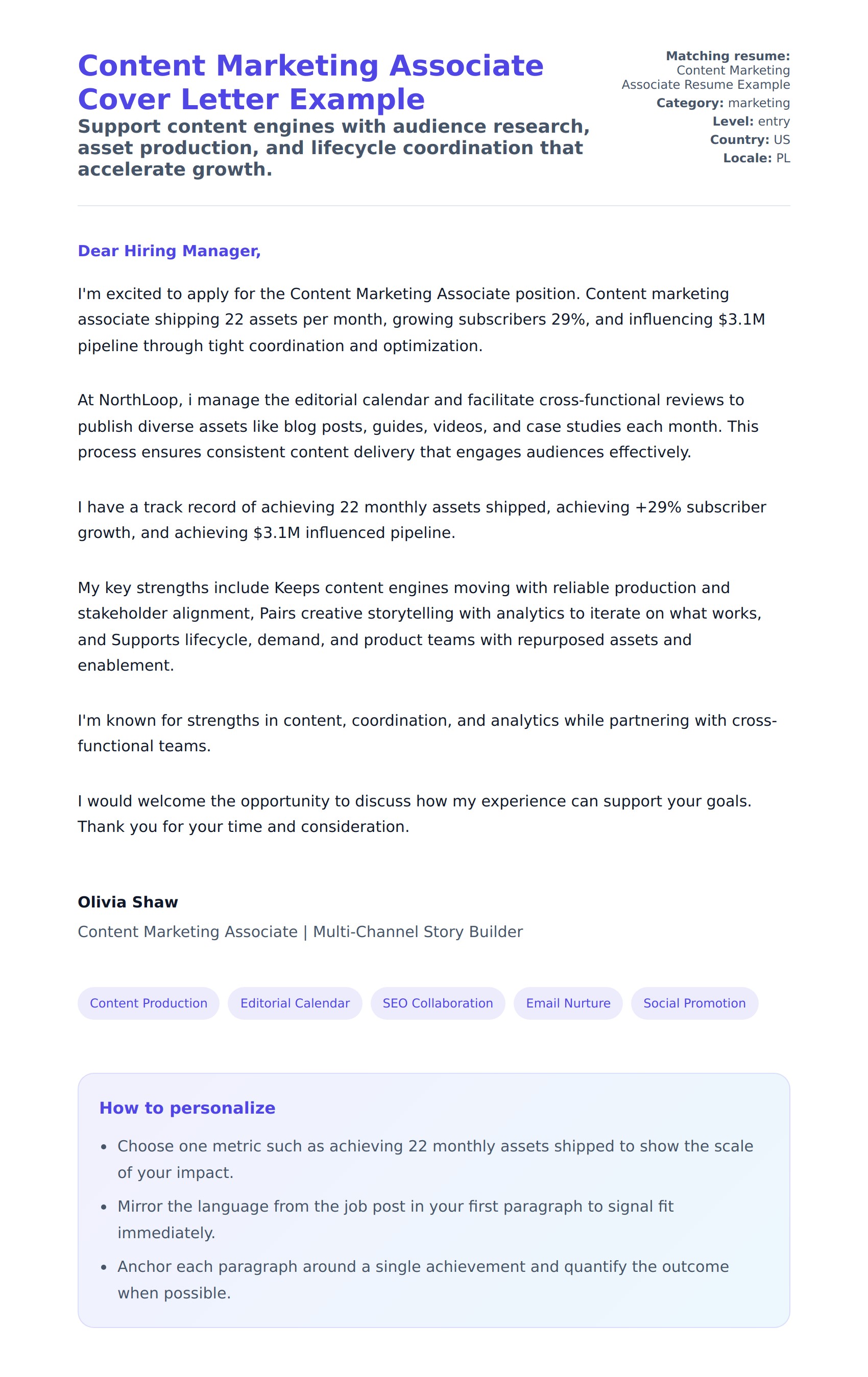 Cover Letter preview for Content Marketing Associate Cover Letter Example