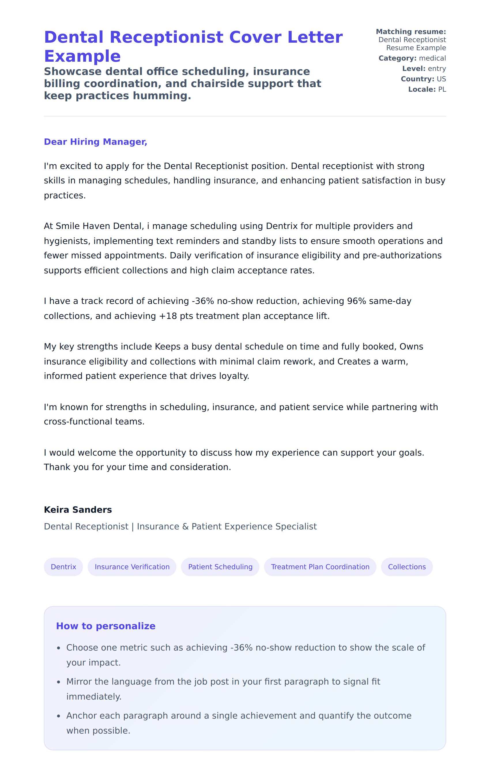 Cover Letter preview for Dental Receptionist Cover Letter Example