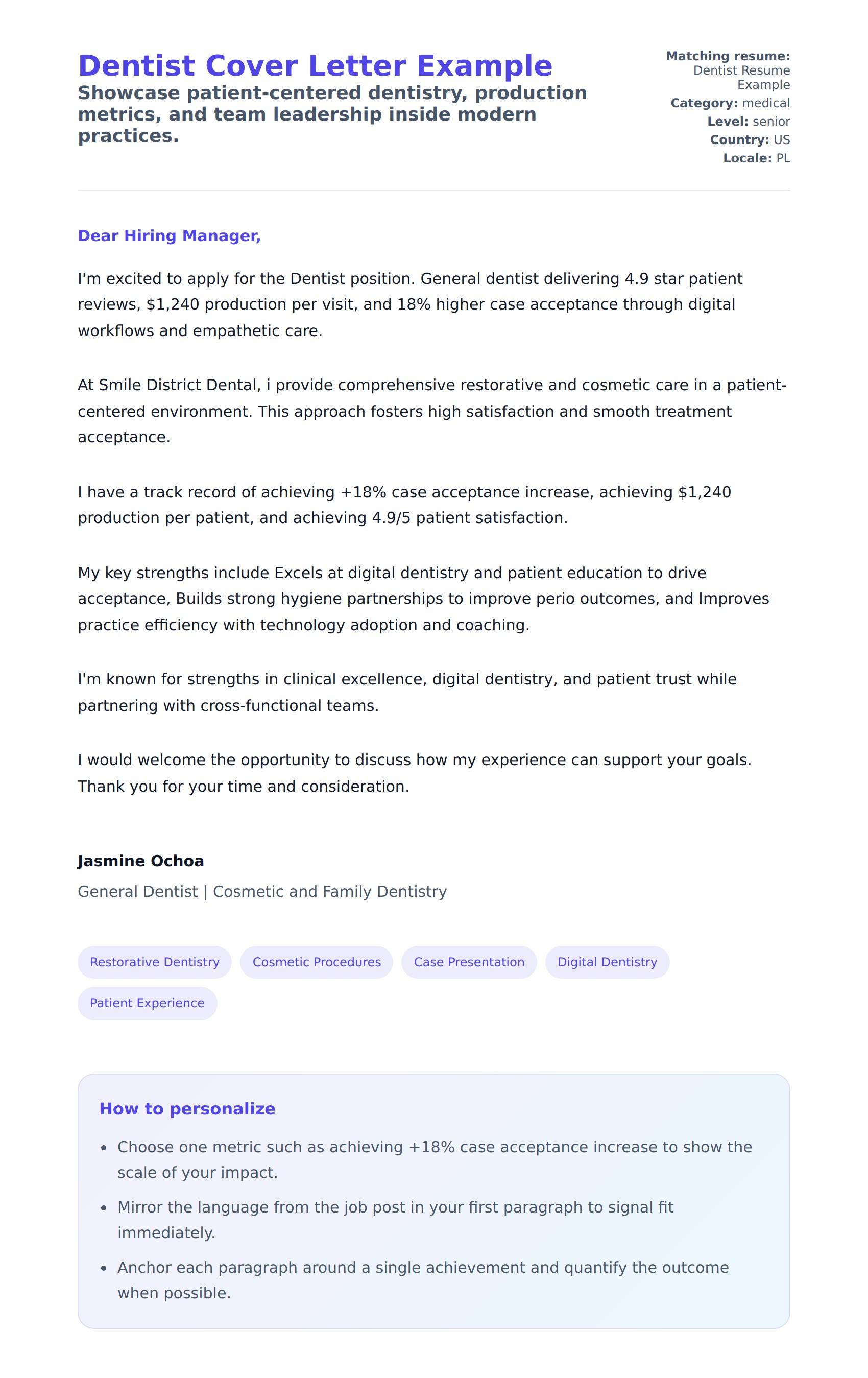 Cover Letter preview for Dentist Cover Letter Example