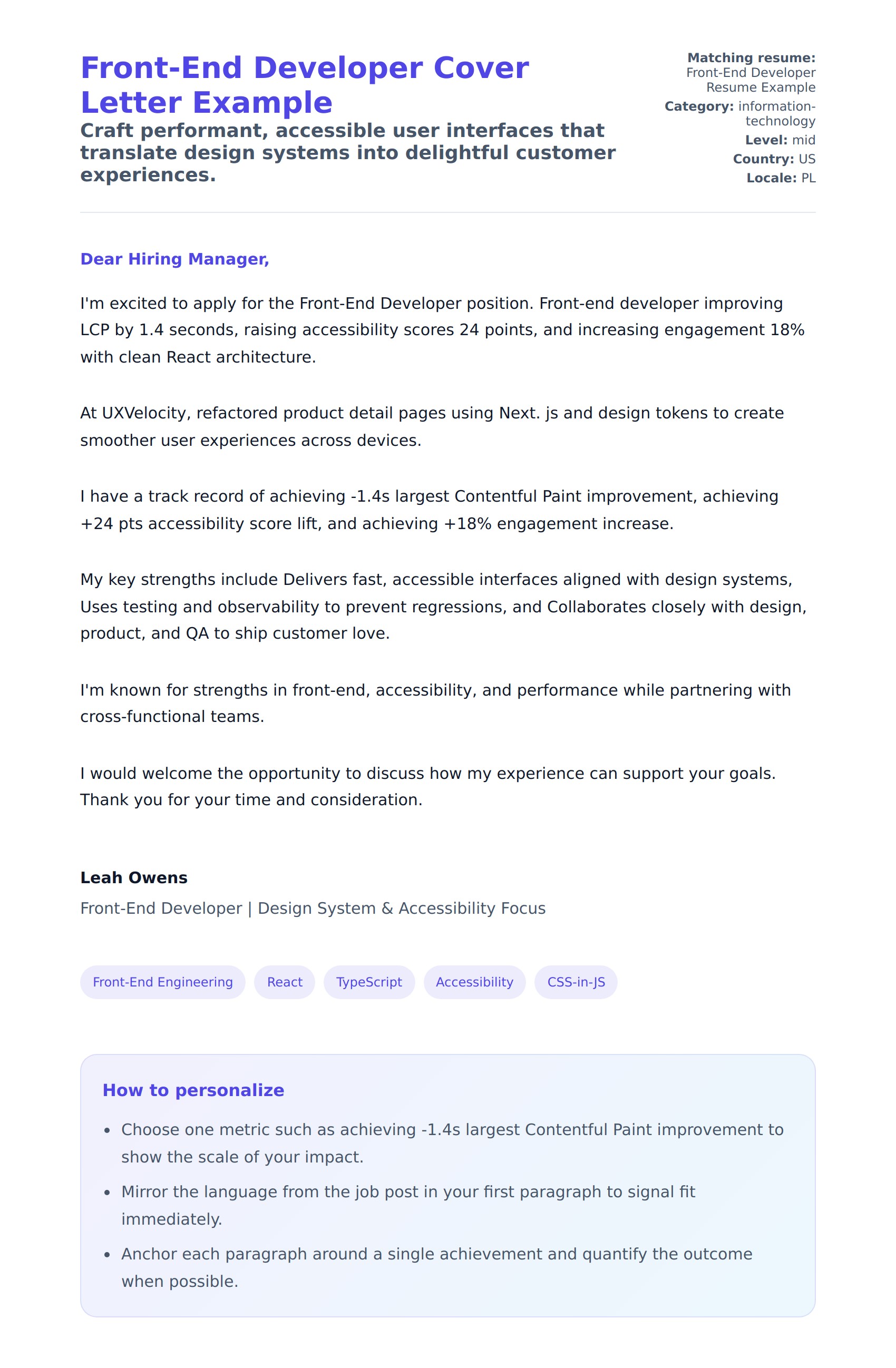 Cover Letter preview for Front-End Developer Cover Letter Example