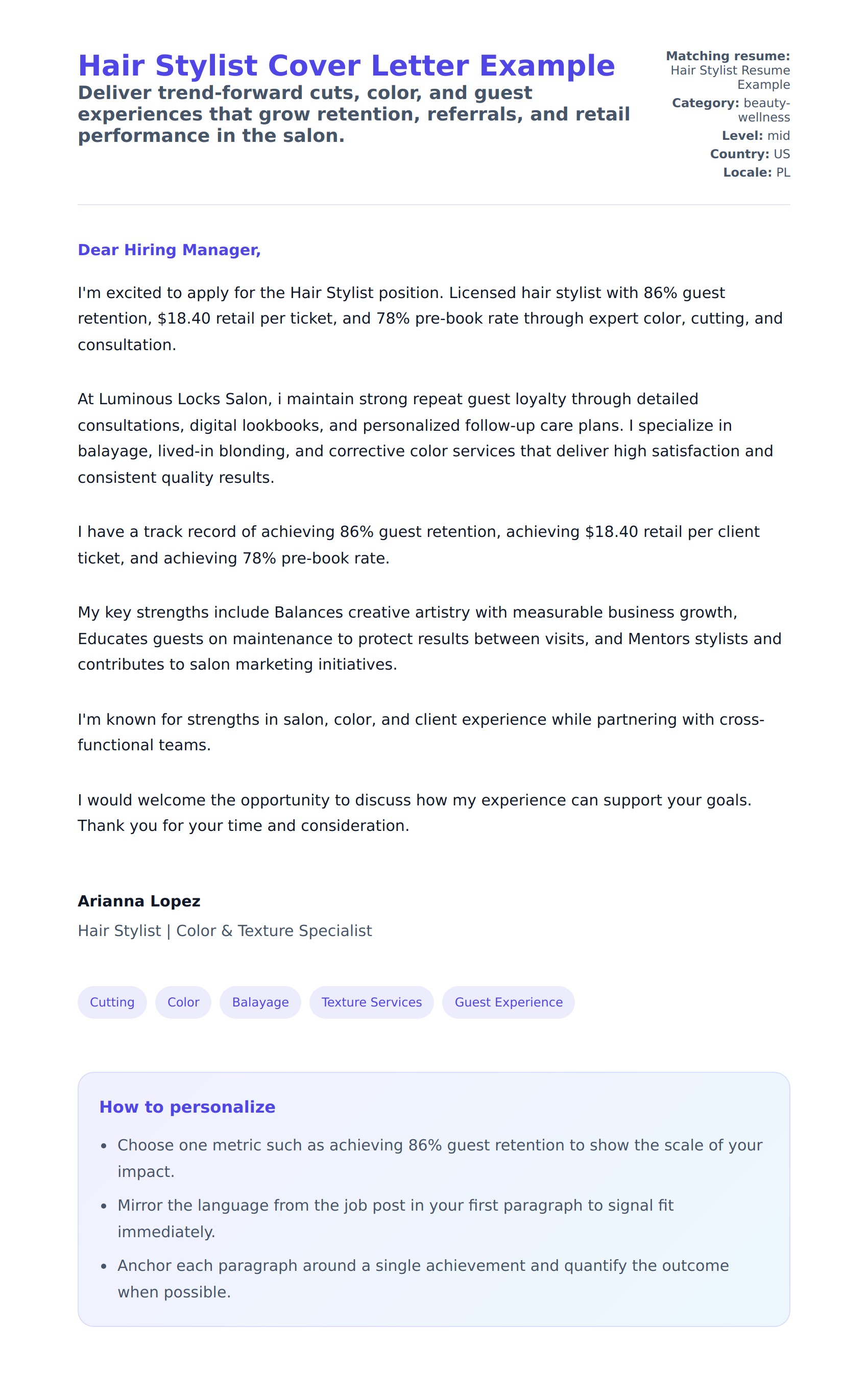 Cover Letter preview for Hair Stylist Cover Letter Example