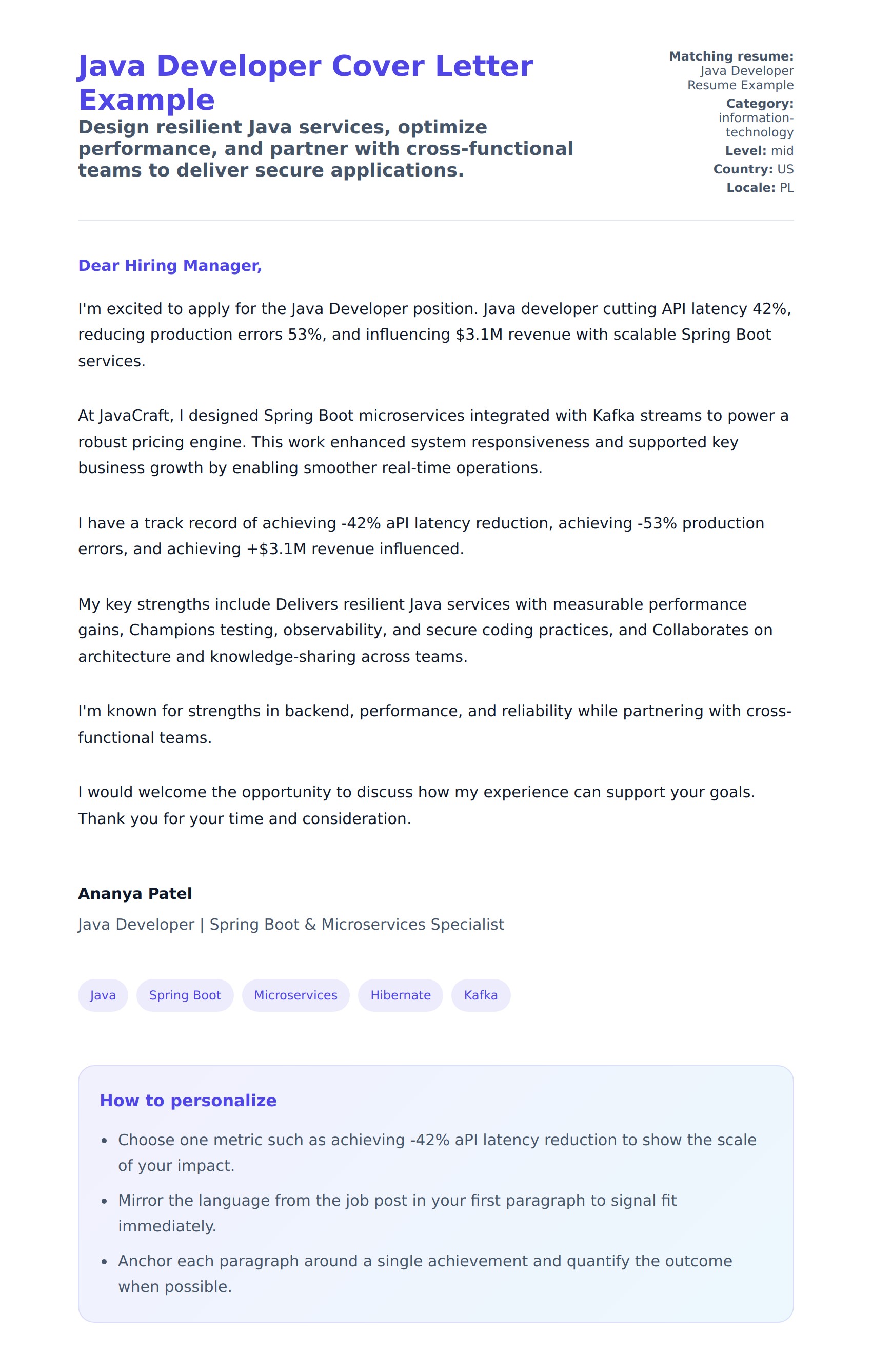 Cover Letter preview for Java Developer Cover Letter Example
