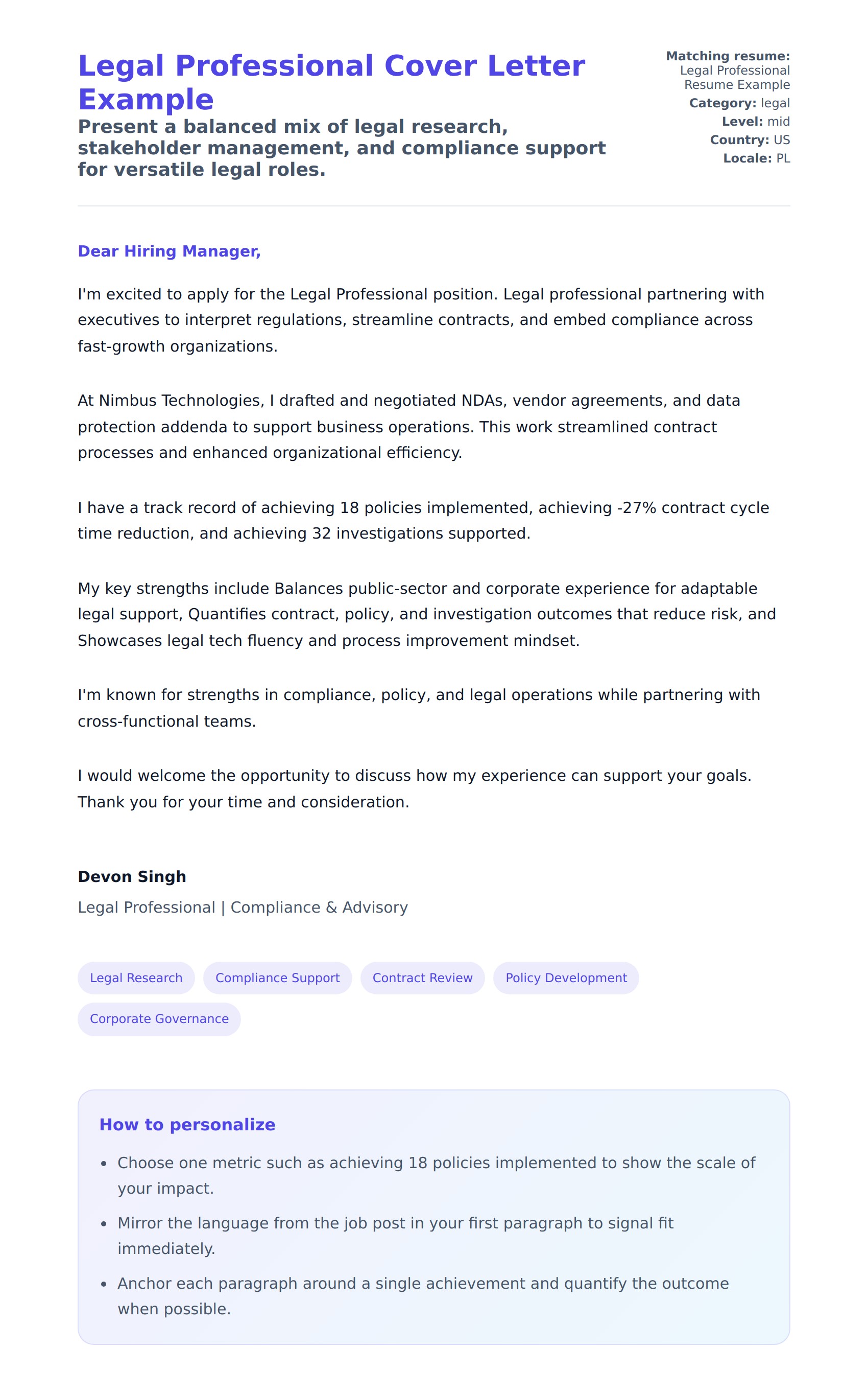 Cover Letter preview for Legal Professional Cover Letter Example