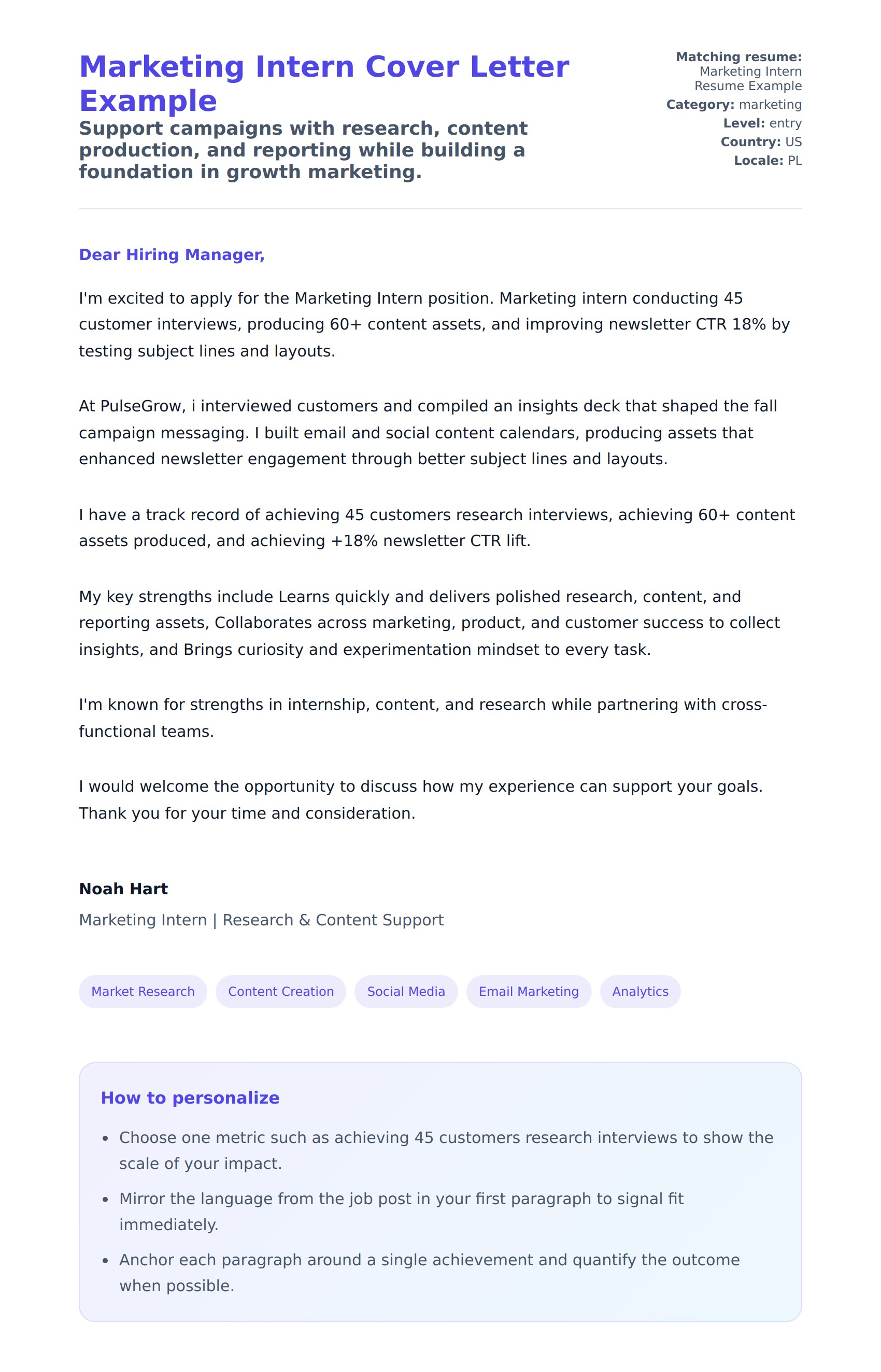 Cover Letter preview for Marketing Intern Cover Letter Example