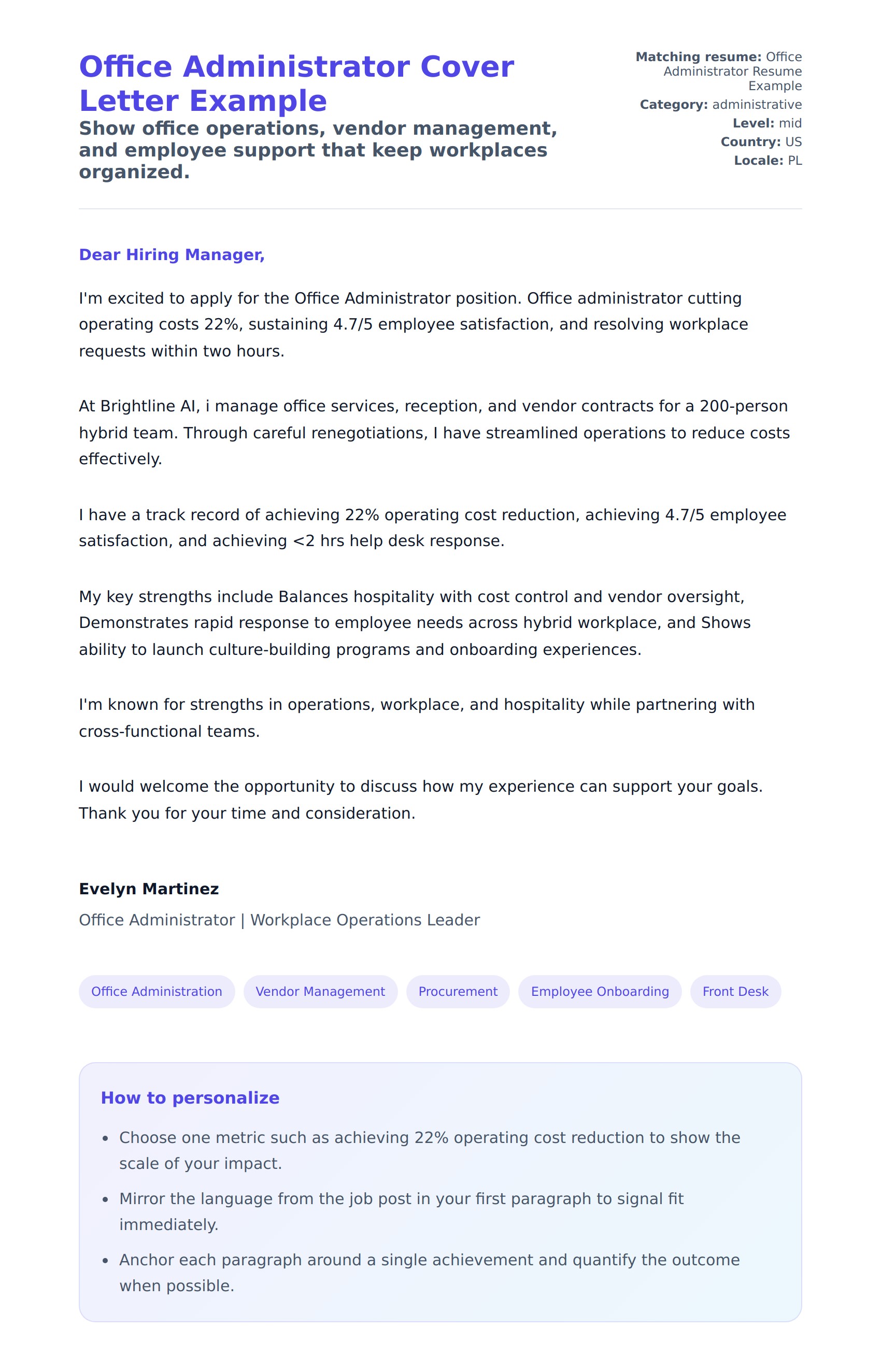 Cover Letter preview for Office Administrator Cover Letter Example