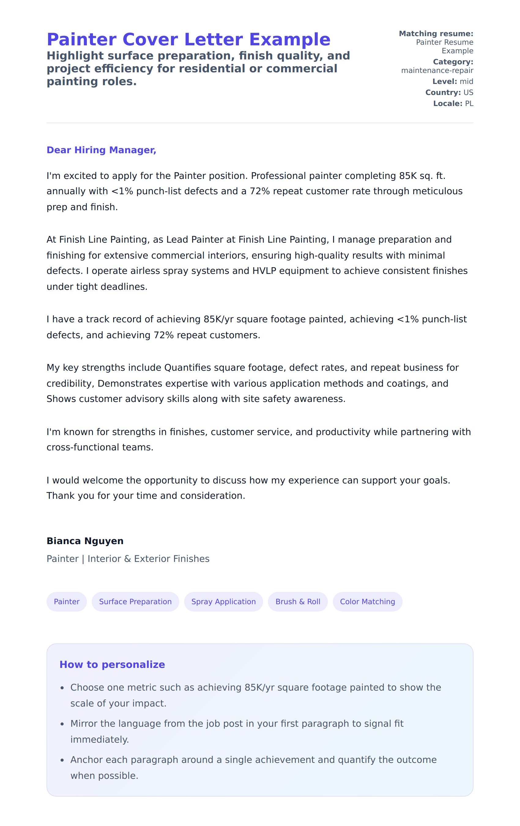 Cover Letter preview for Painter Cover Letter Example