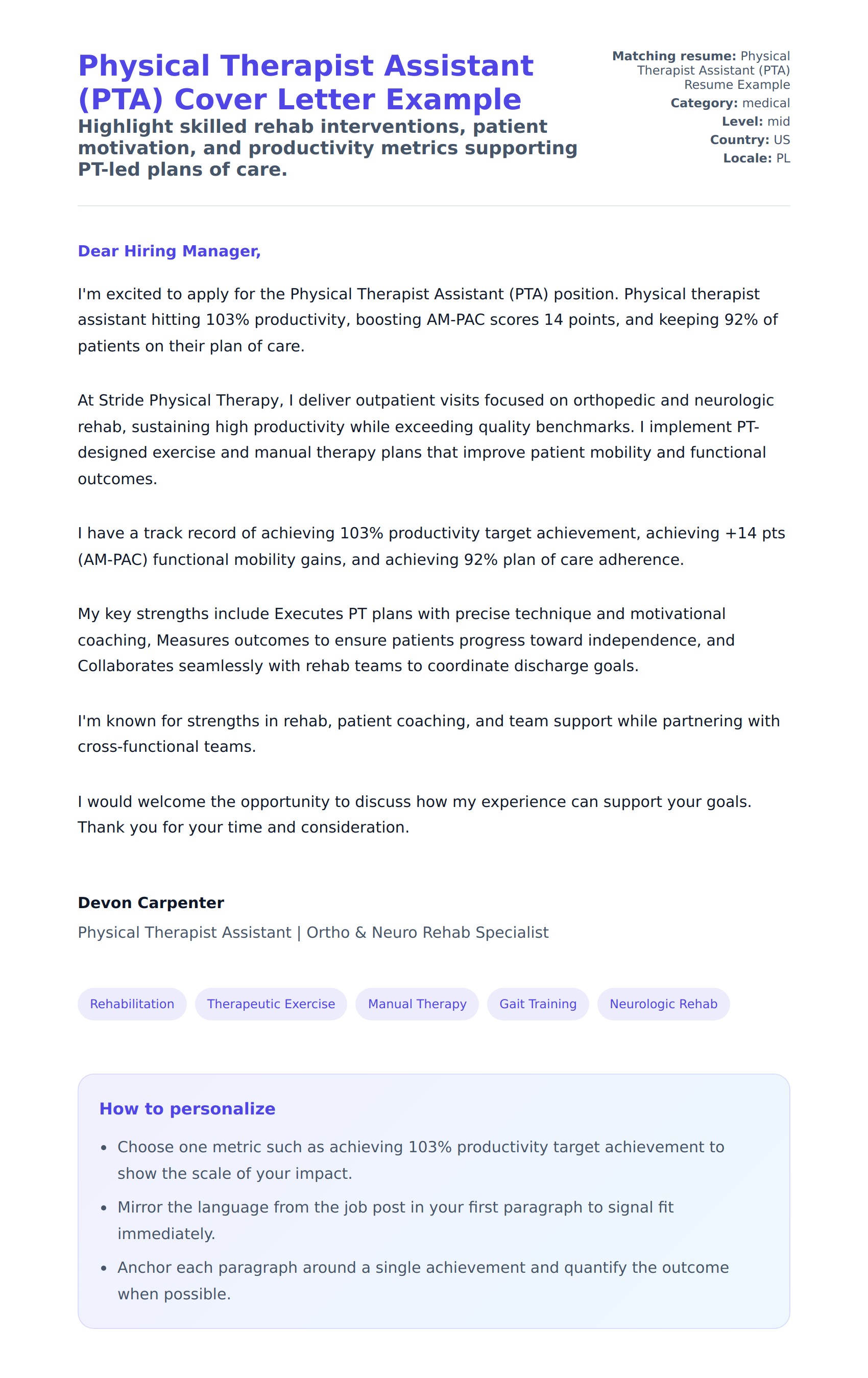 Cover Letter preview for Physical Therapist Assistant (PTA) Cover Letter Example