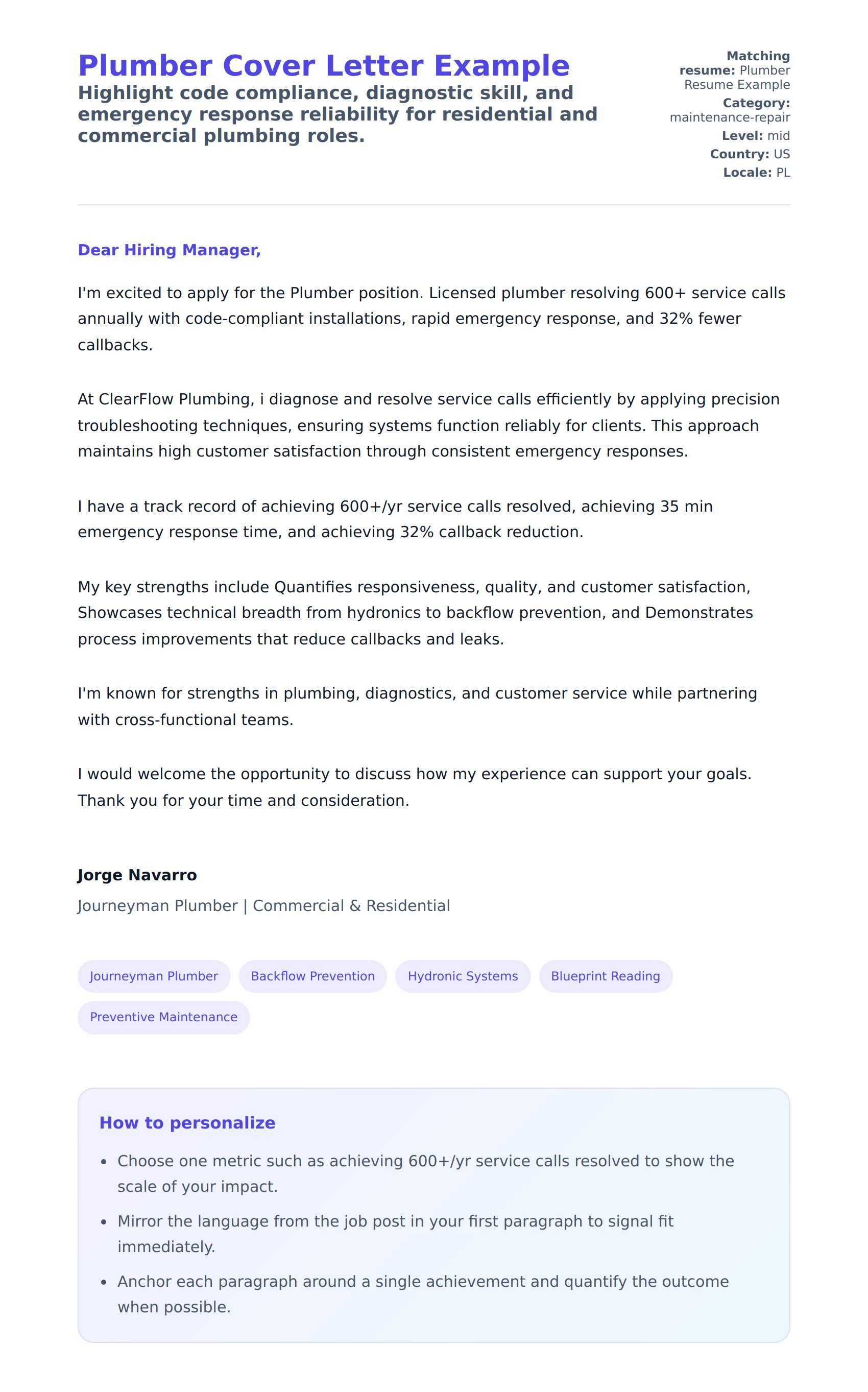 Cover Letter preview for Plumber Cover Letter Example